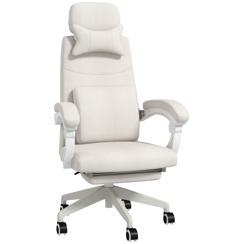 Linen-Look Office Chair 160° Reclining Back Footrest White