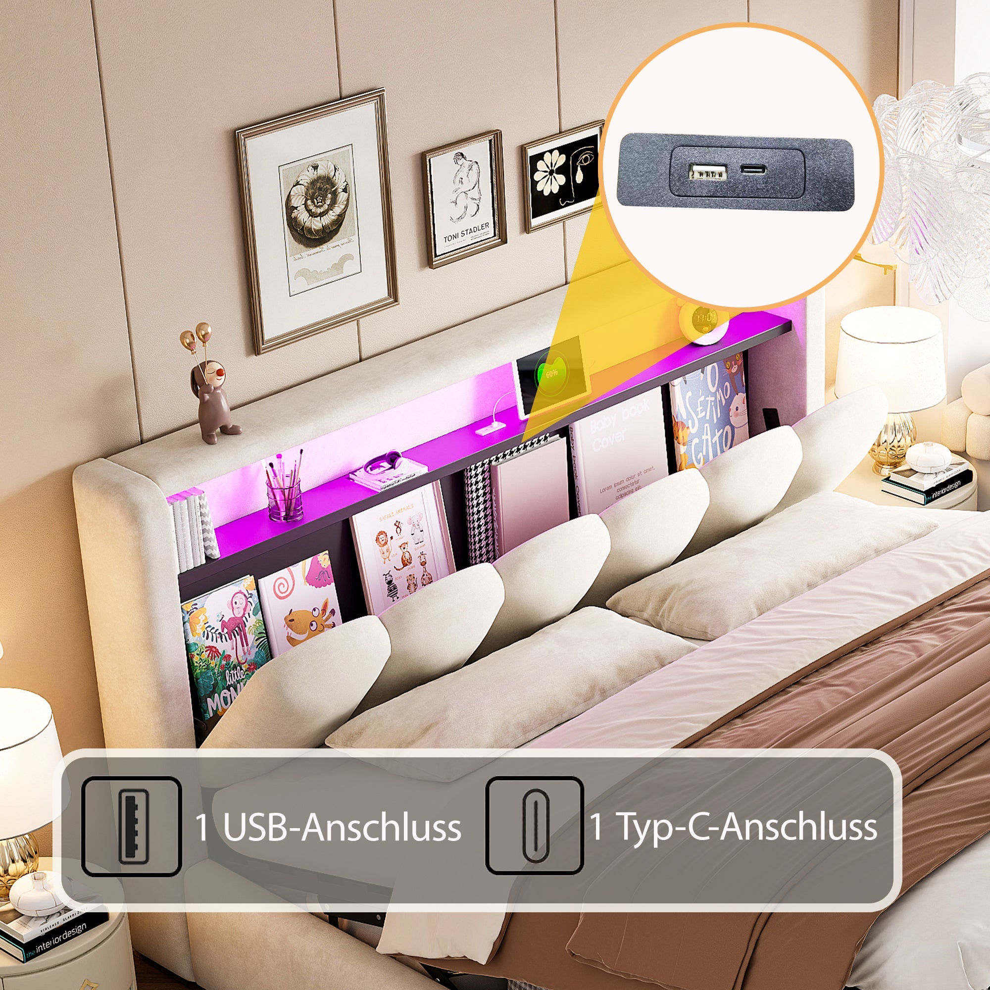 Upholstered Bed 180x200 Hydraulic Storage LED USB/Type-C Velvet Beige
