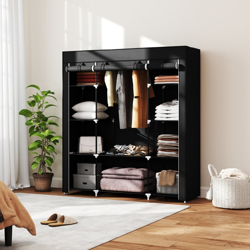 Portable Wardrobe Foldable Storage Organiser with Hanging Rail and Shelves, Black Fabric