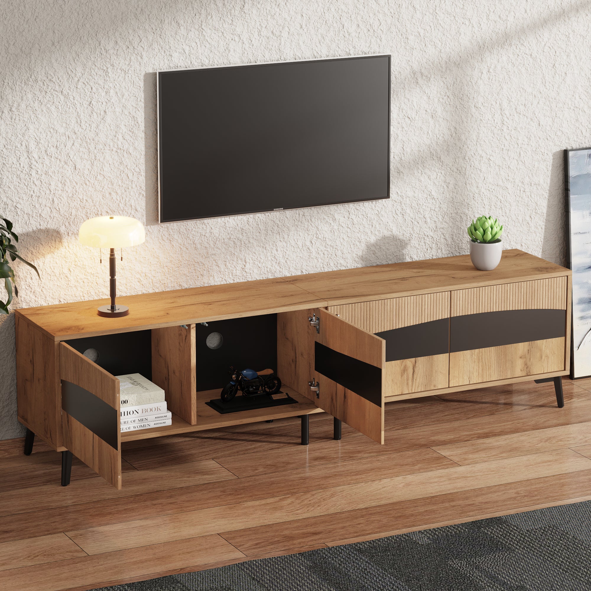 TV Cabinet, 180x40x50cm, 4 Cabinets, Symmetrical Design, Wood & Black