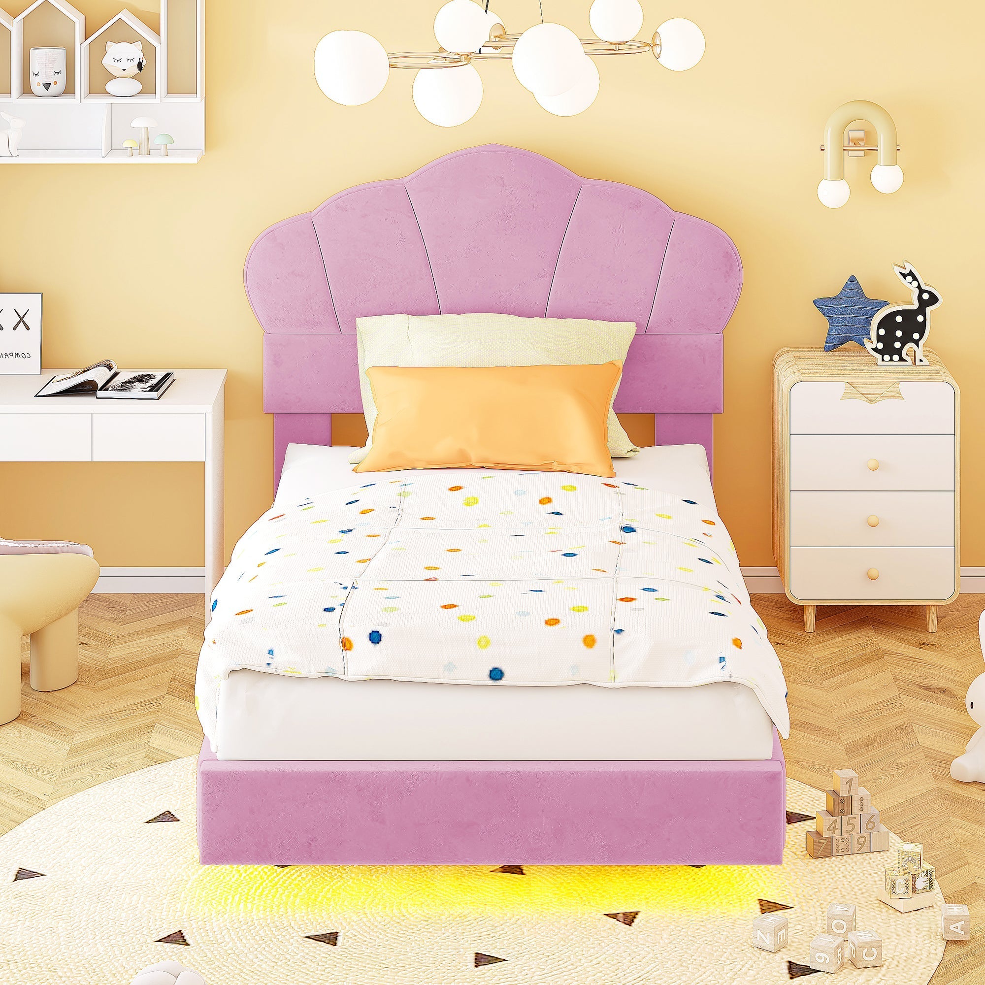 Upholstered Bed 90x200cm LED Cloud Headboard Children's Youth Velvet Pink