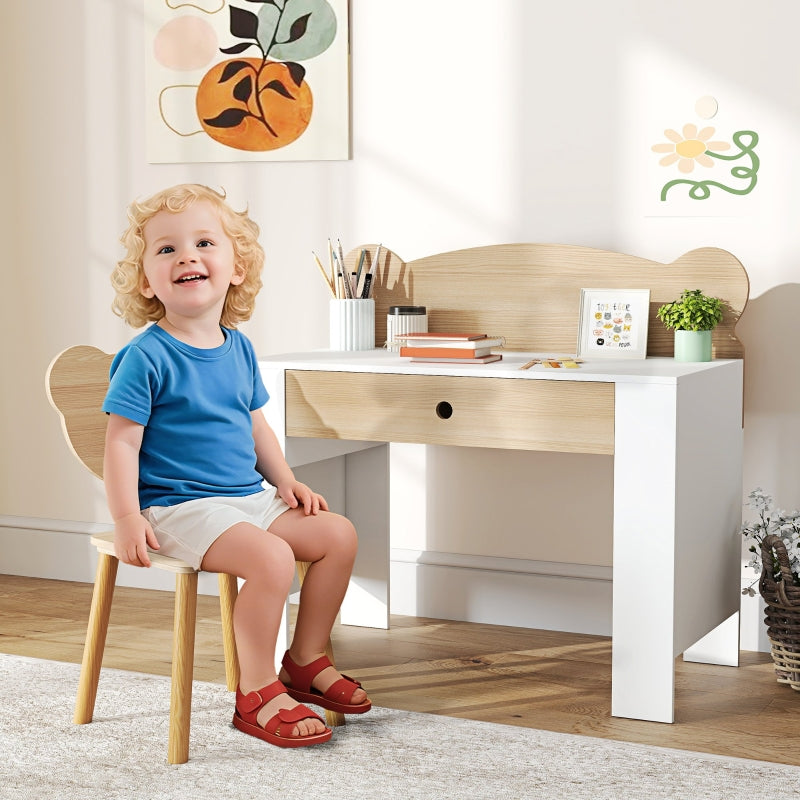 AIYAPLAY children's desk set with table top and drawer, bear shape, natural wood