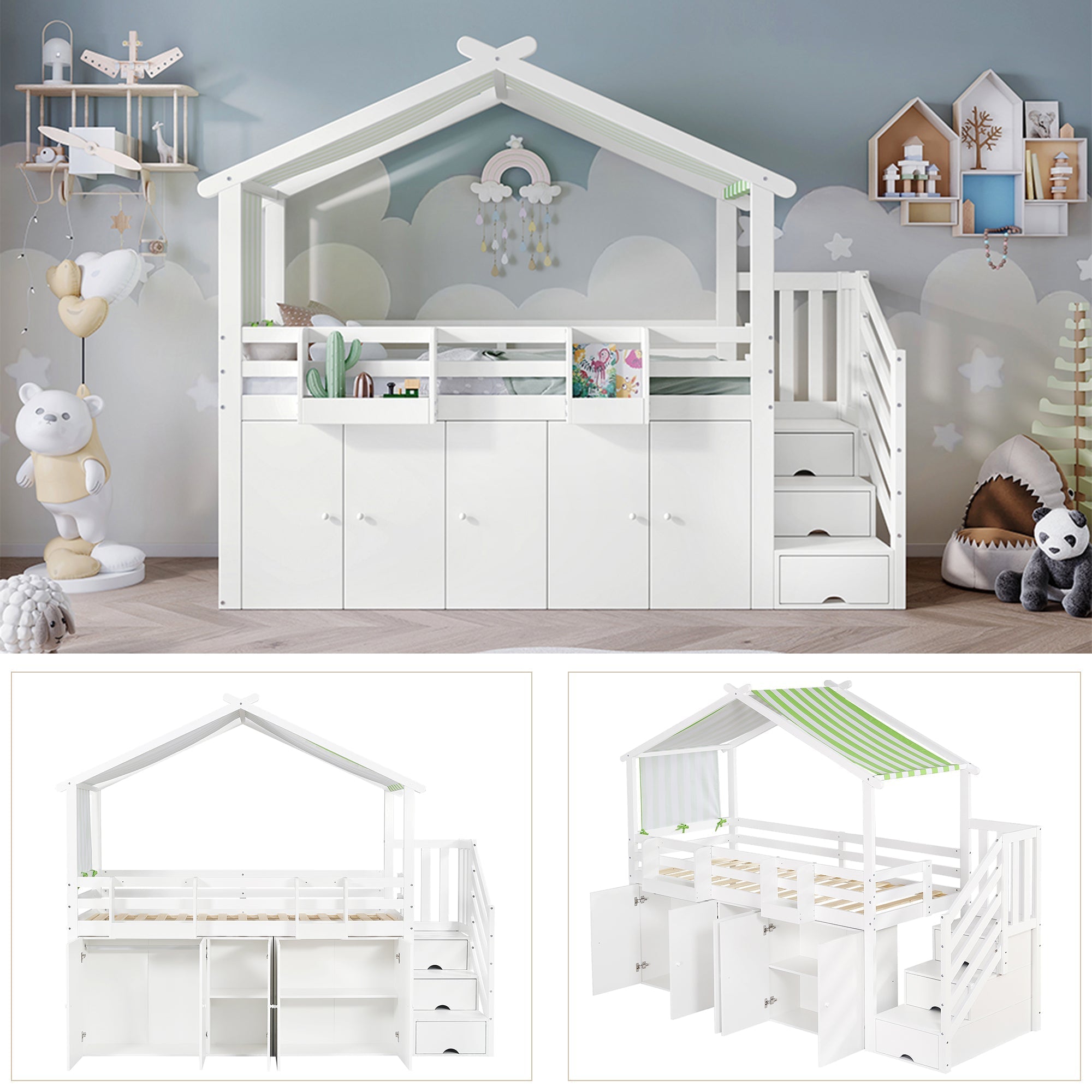 Bunk Bed, Safety Gate, Wardrobe, Lockers, Stairs, 90x200cm, White & Green Pine+MDF+Plywood