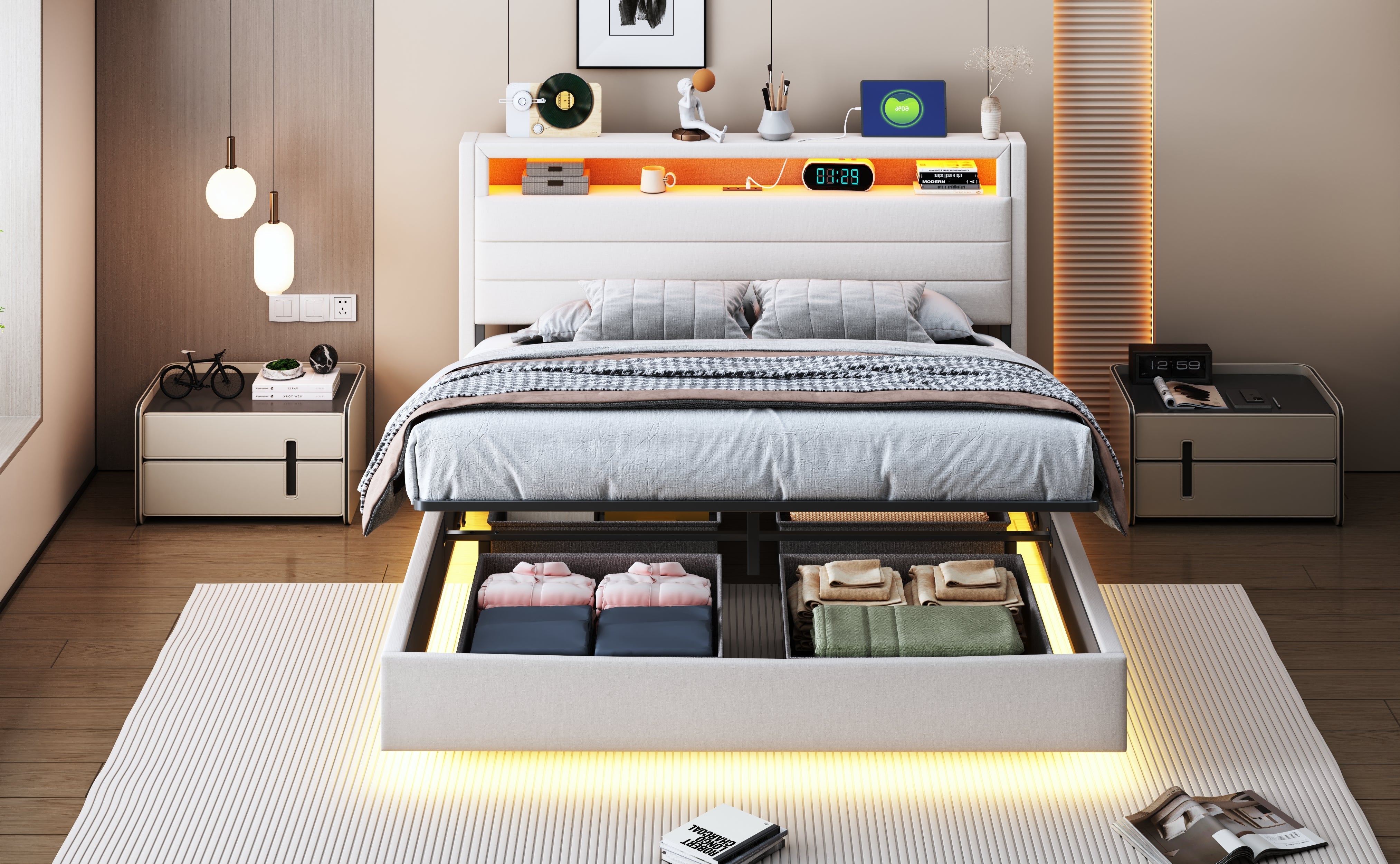 Upholstered Bed 140x200 cm with Hydraulic Storage, USB & LED Light, Reversible Headboard, Linen Beige