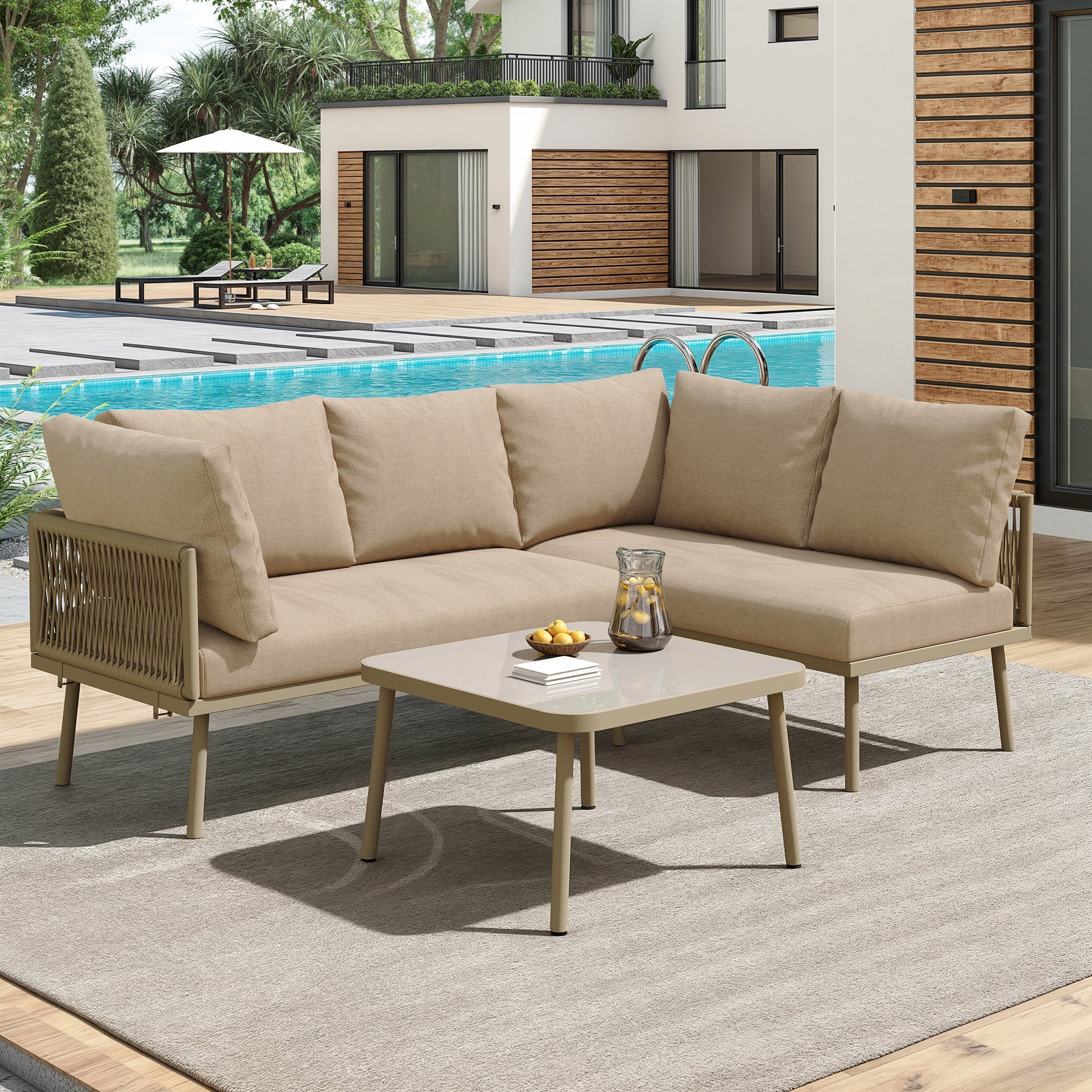 Iron Garden Lounge Set L-Shaped with Seat Cushions, 2 Sofas & 1 Table, Khaki