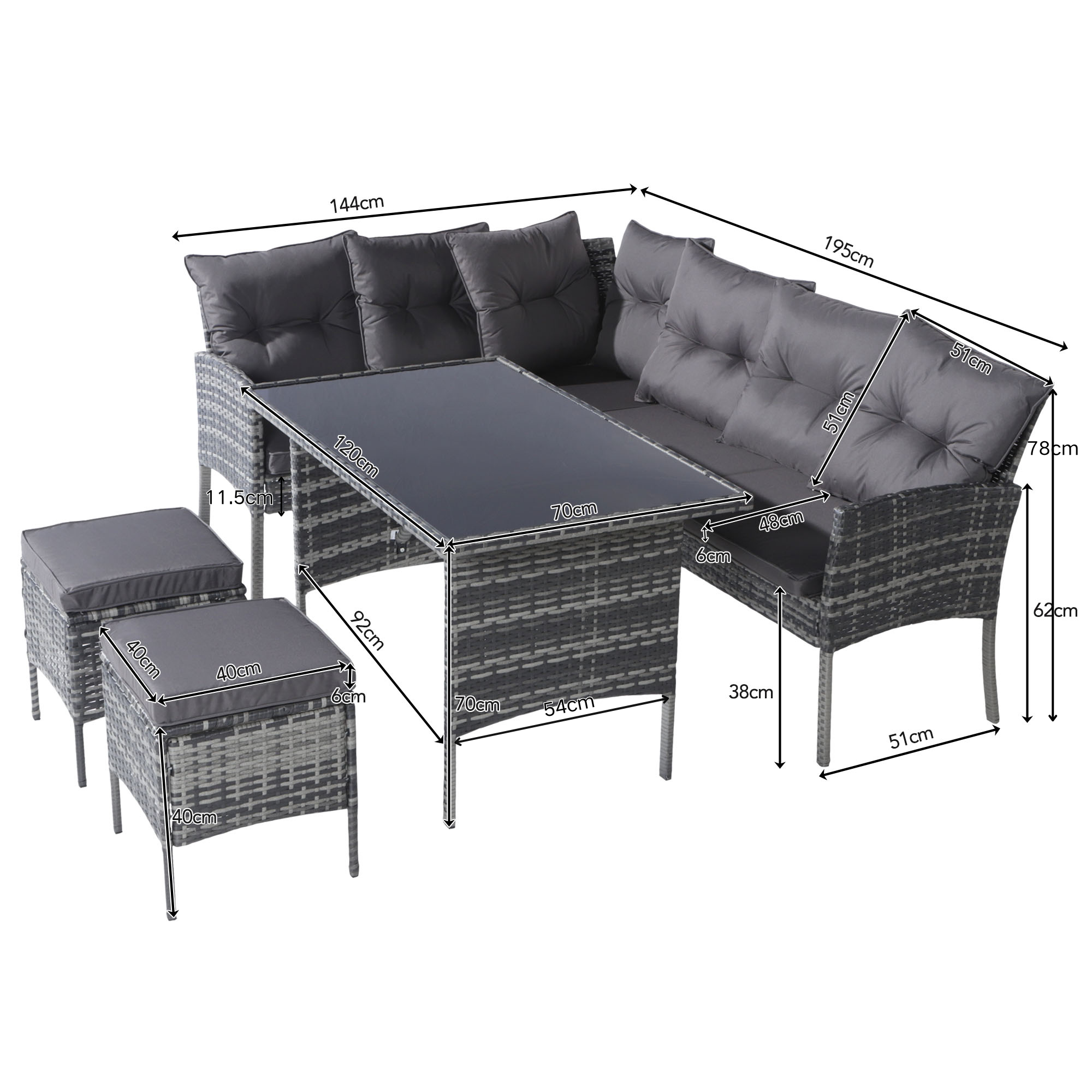 Poly Rattan Dining Set for 7 People with Sofa, Table and Stools, Grey
