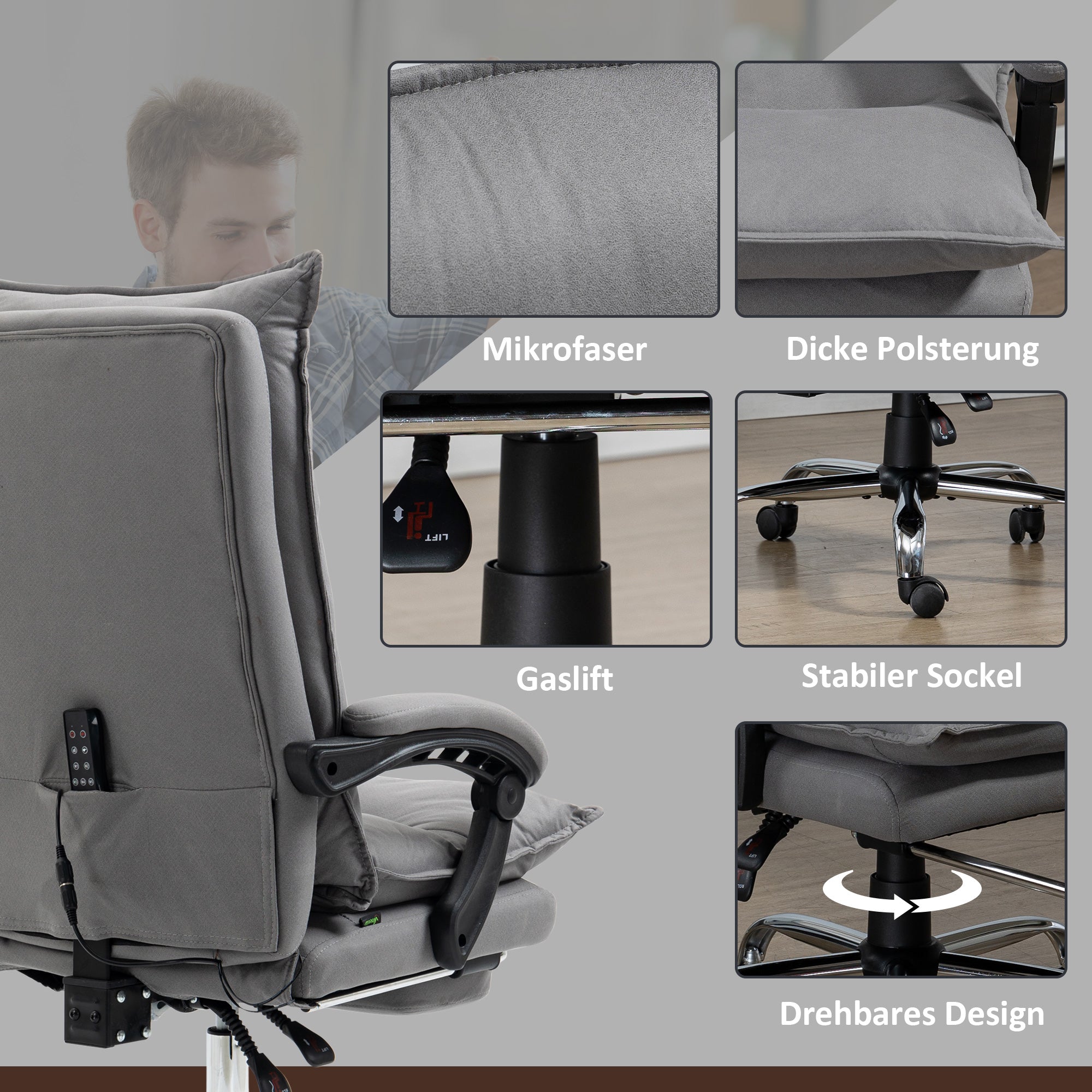 Vinsetto Office Chair, Massage Function, Height-Adjustable, Dark Grey