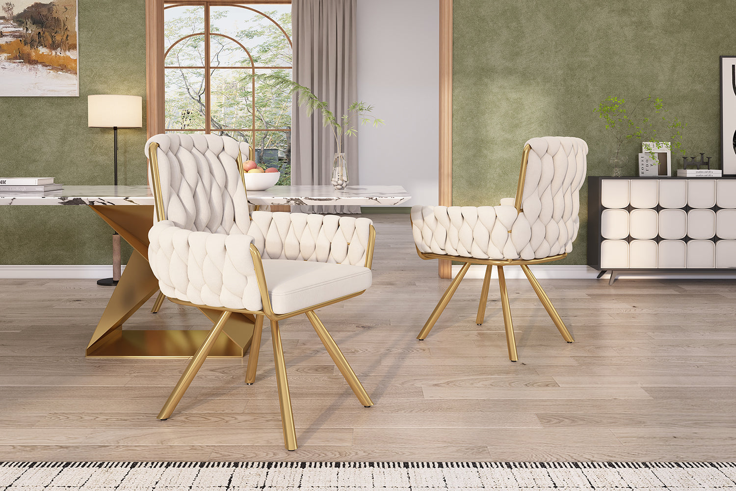 Velvet Dining Chair Set of 6, Luxury Swivel Armchair with Metal Legs, Beige