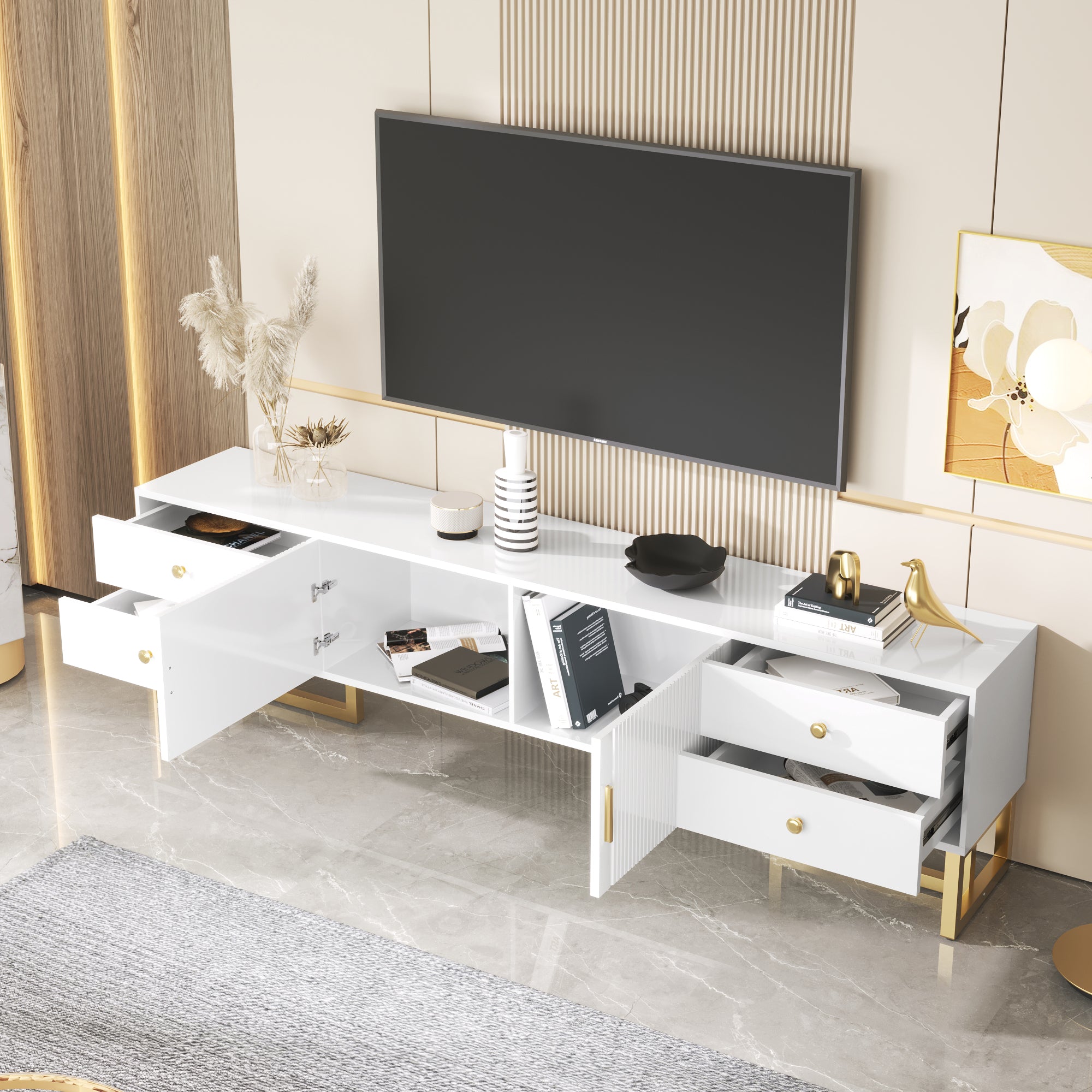 TV Cabinet, Low Panel with Textured Door & Drawers, Gold Handles & Feet