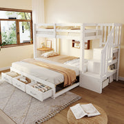 Bunk Bed with Pull-out Bed, Storage Ladder and Drawers, 90x200cm, White Wood
