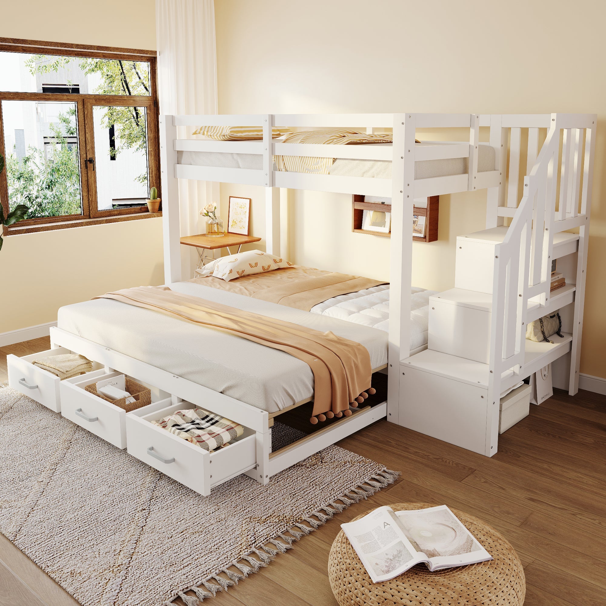 Bunk Bed with Pull-out Bed, Storage Ladder and Drawers, 90x200cm, White Wood