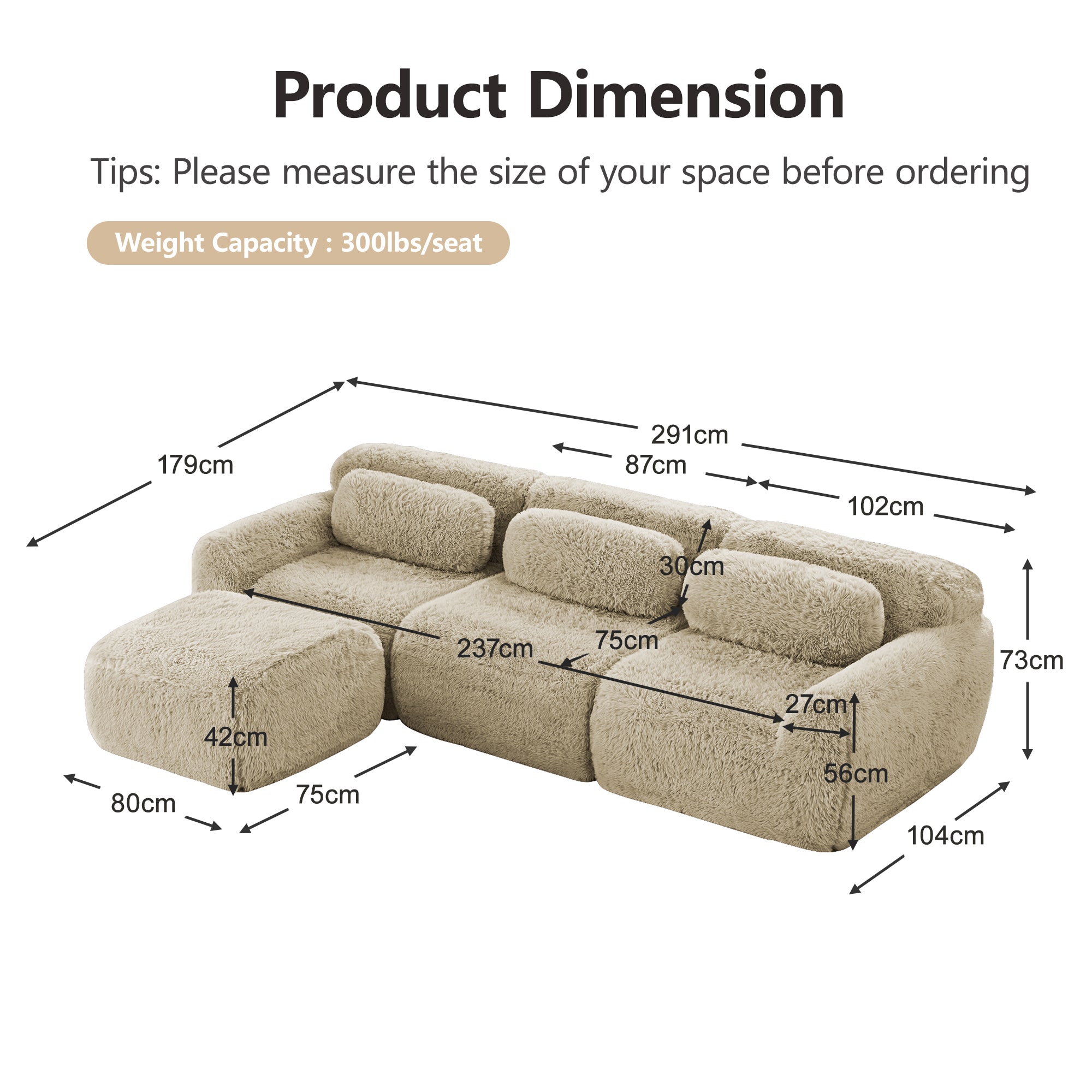 L-shaped Modular Sofa Plush Fabric Deep Frameless - Light Khaki