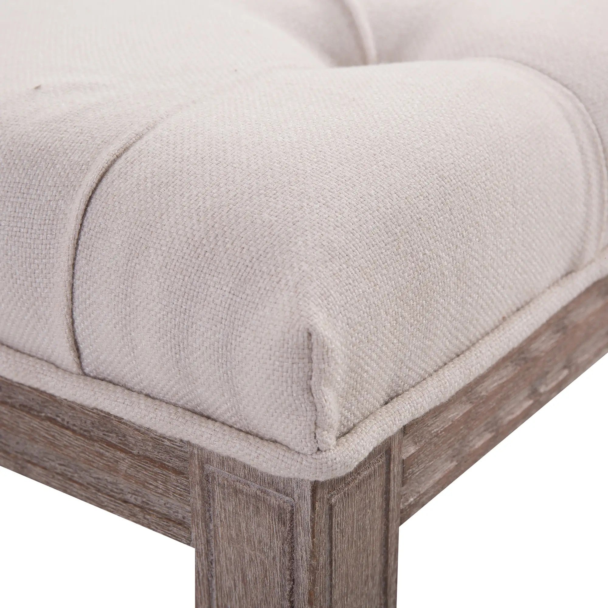Upholstered Bench Lounge Stool with Buttons, Linen Wood, Beige