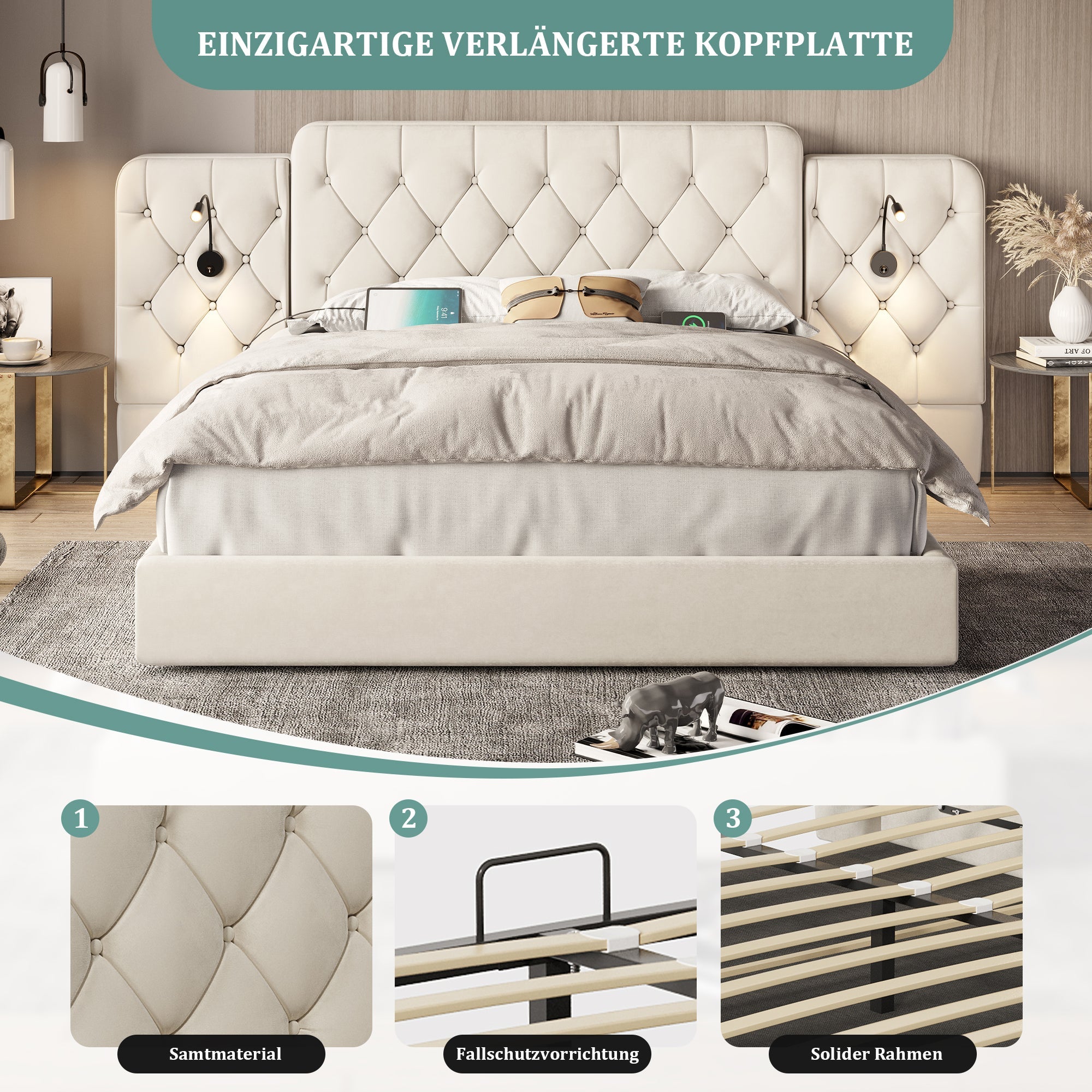 Bed Frame with Long Headboard, Hydraulic Storage USB Velvet, Beige