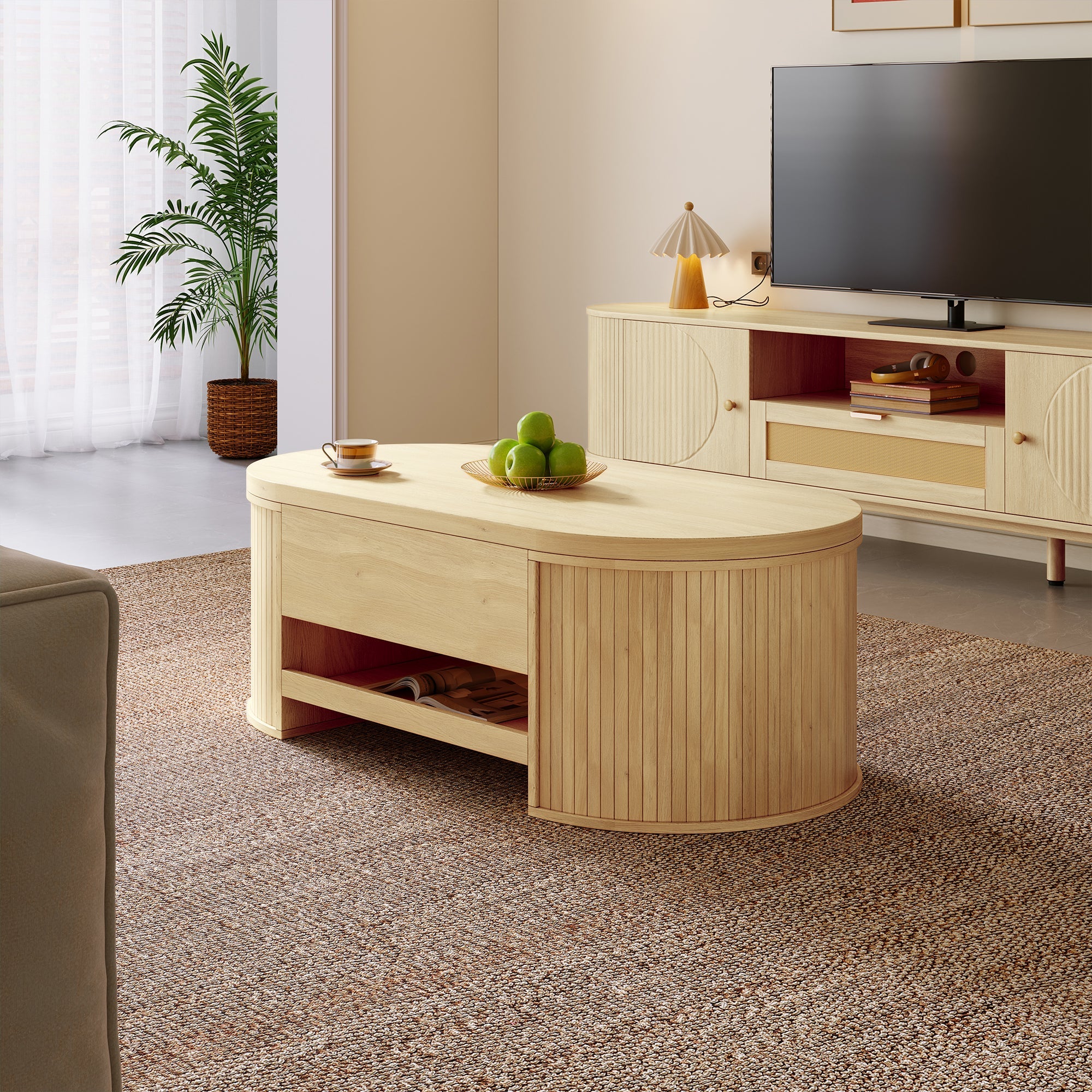 Liftable Coffee Table with Curved Wooden Sides, Extendable Shelf, Liftable Tabletop, Multifunctional Living Room Furniture