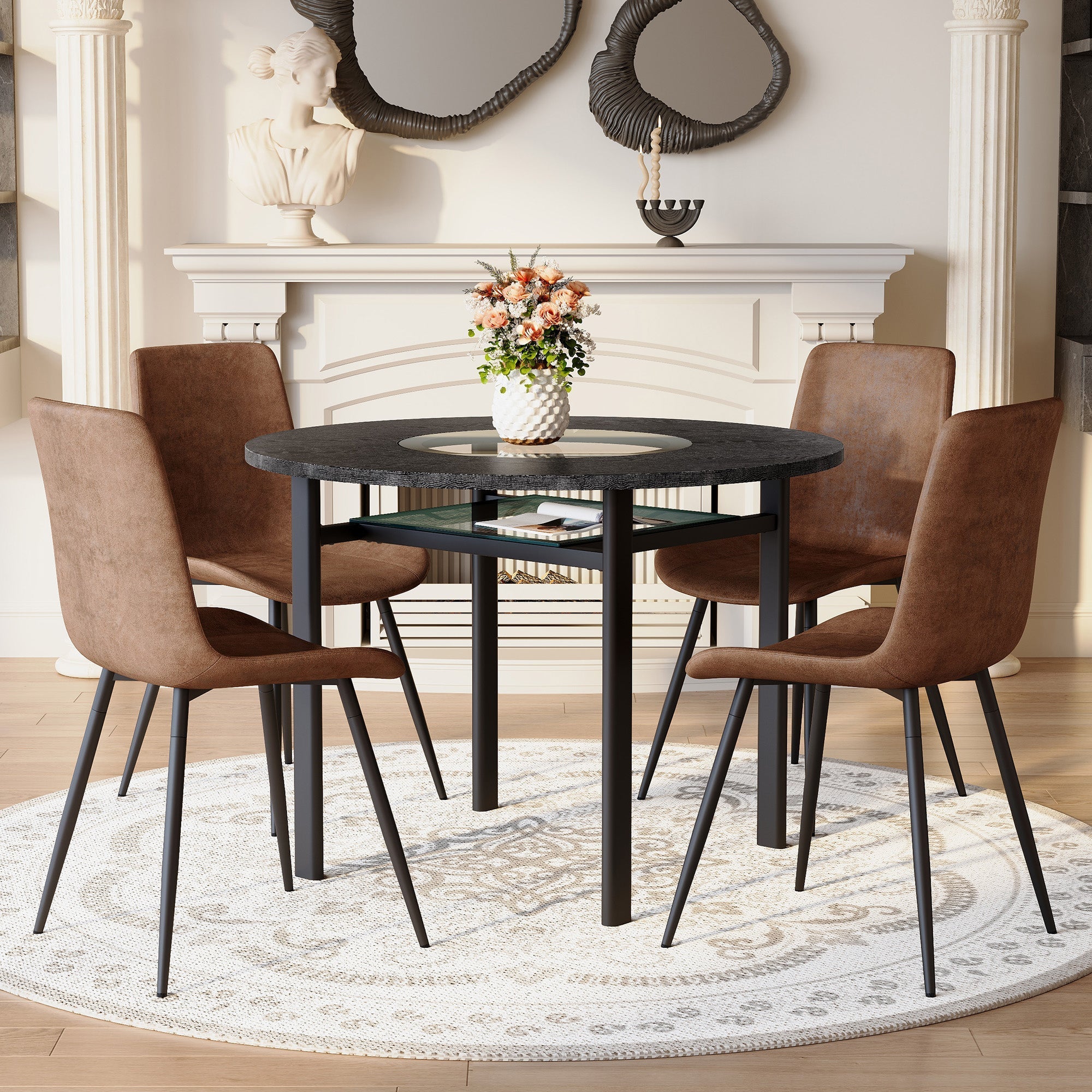 Modern Minimalist Round Table Set 100cm with 4 Tech Fabric Armchairs Black Wood Look & Brown