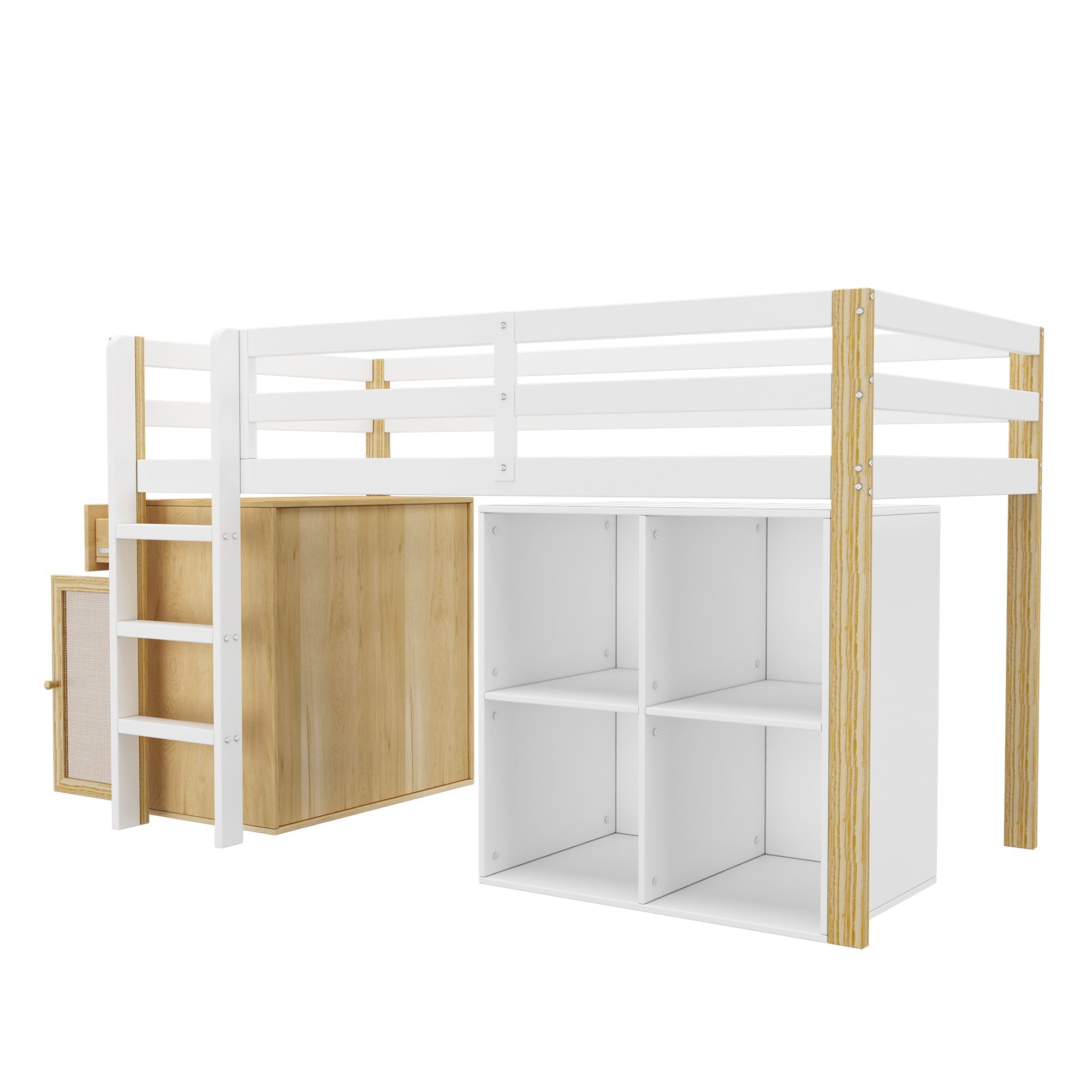Children's Loft Bed with 2 Storage Cabinets and Ladder, Natural and White