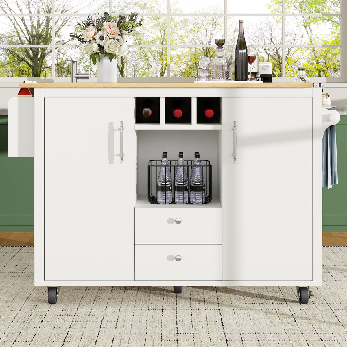 Kitchen Island Trolley with Fold-Down Worktop Storage & Adjustable Shelves - White/Black