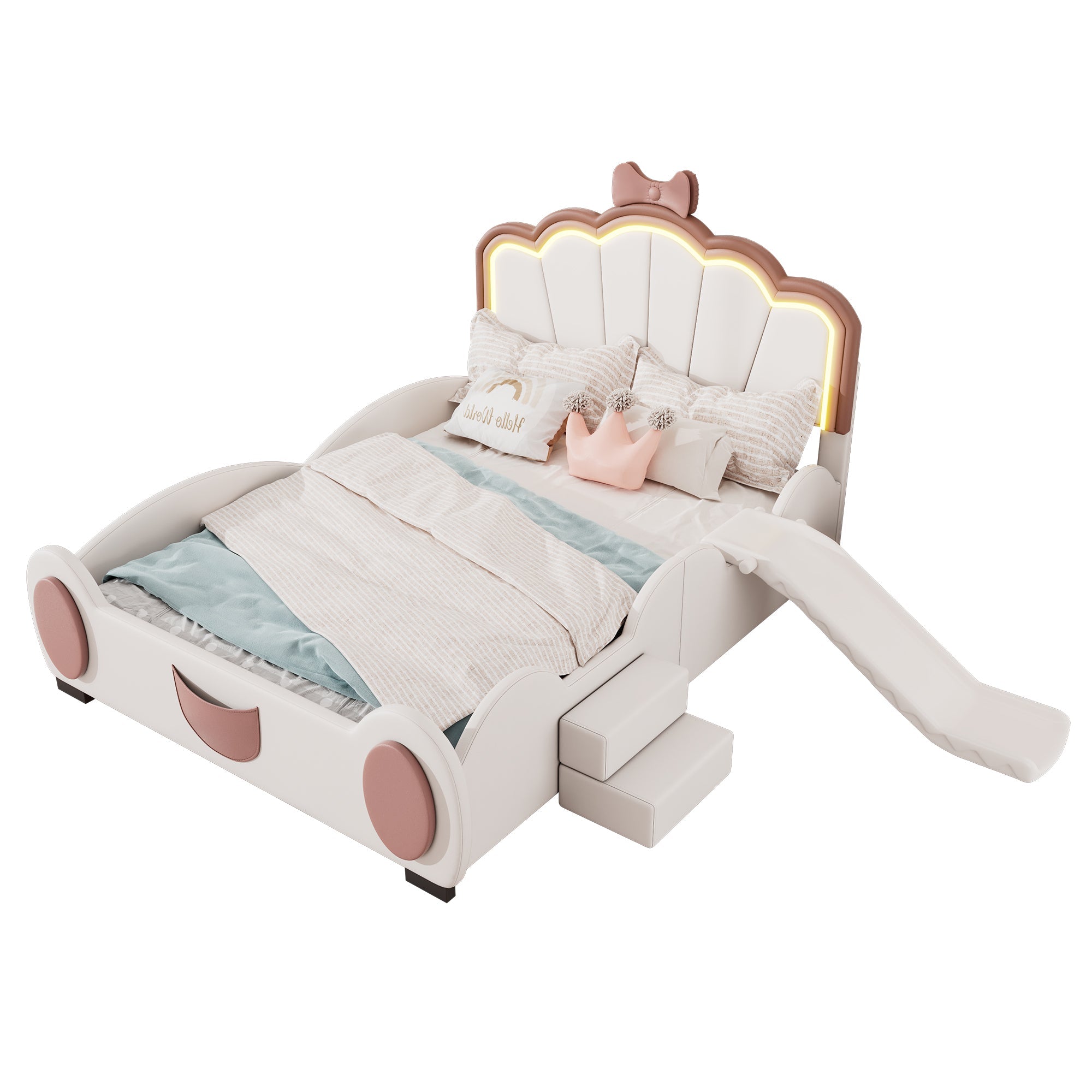 Cartoon Butterfly Bed 140x200cm LED Light Slide Ladder - Pink/White PU
