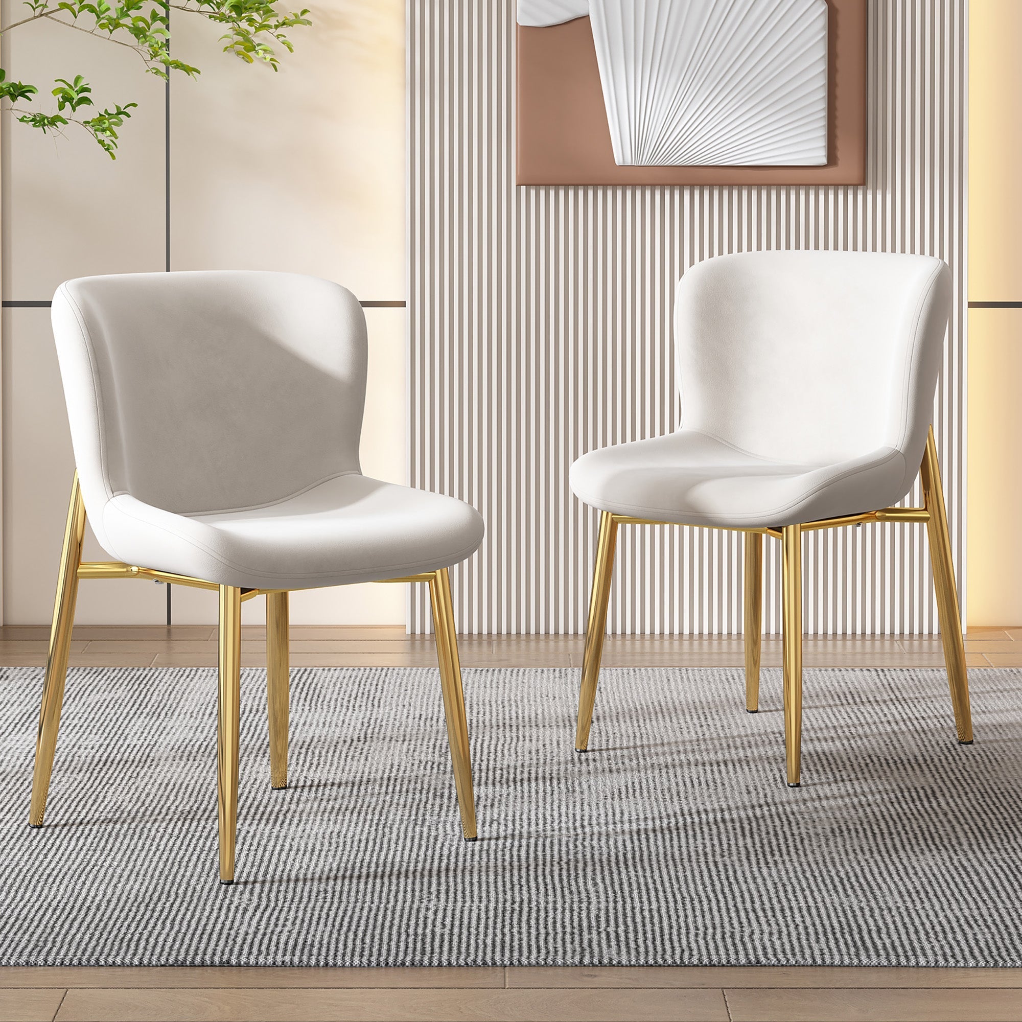 Velvet Dining Chair Set of 2 Lounge Metal Legs - Beige