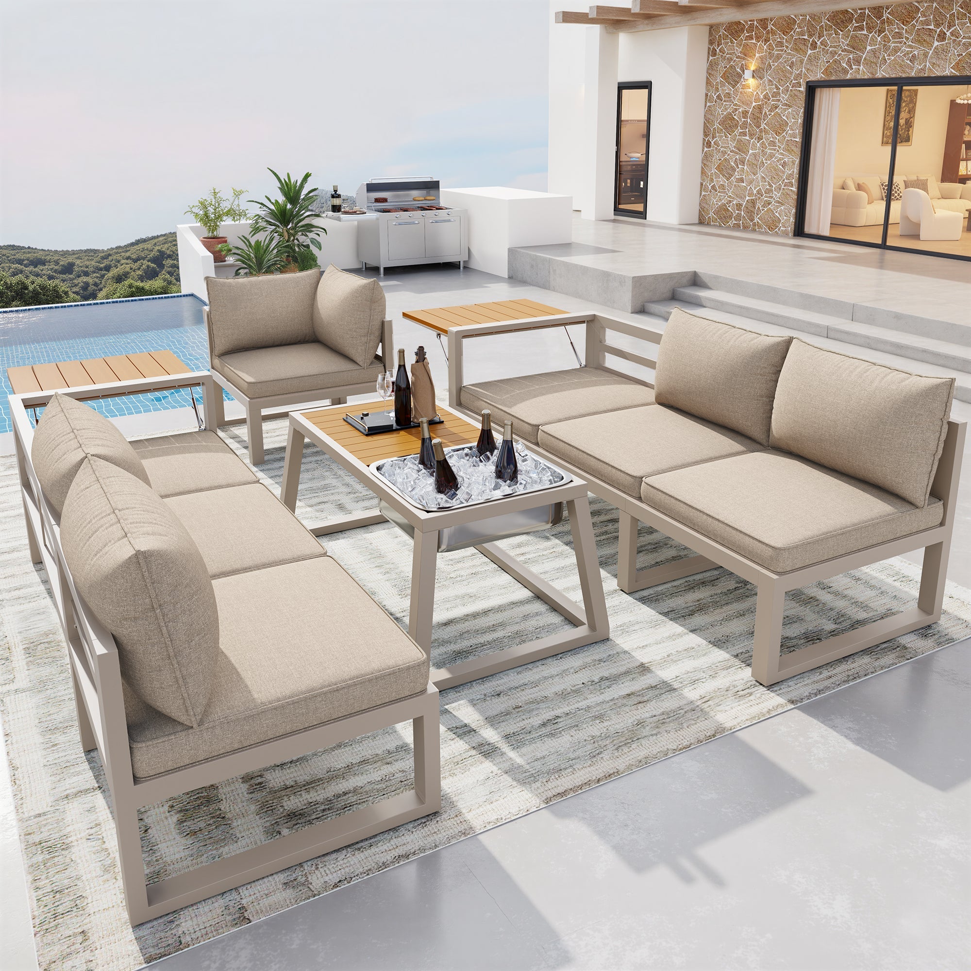 Modular Outdoor Sofa Set with Adjustable Backrest, Fold-out Armrests and Metal Ice Bucket, Grey/Beige