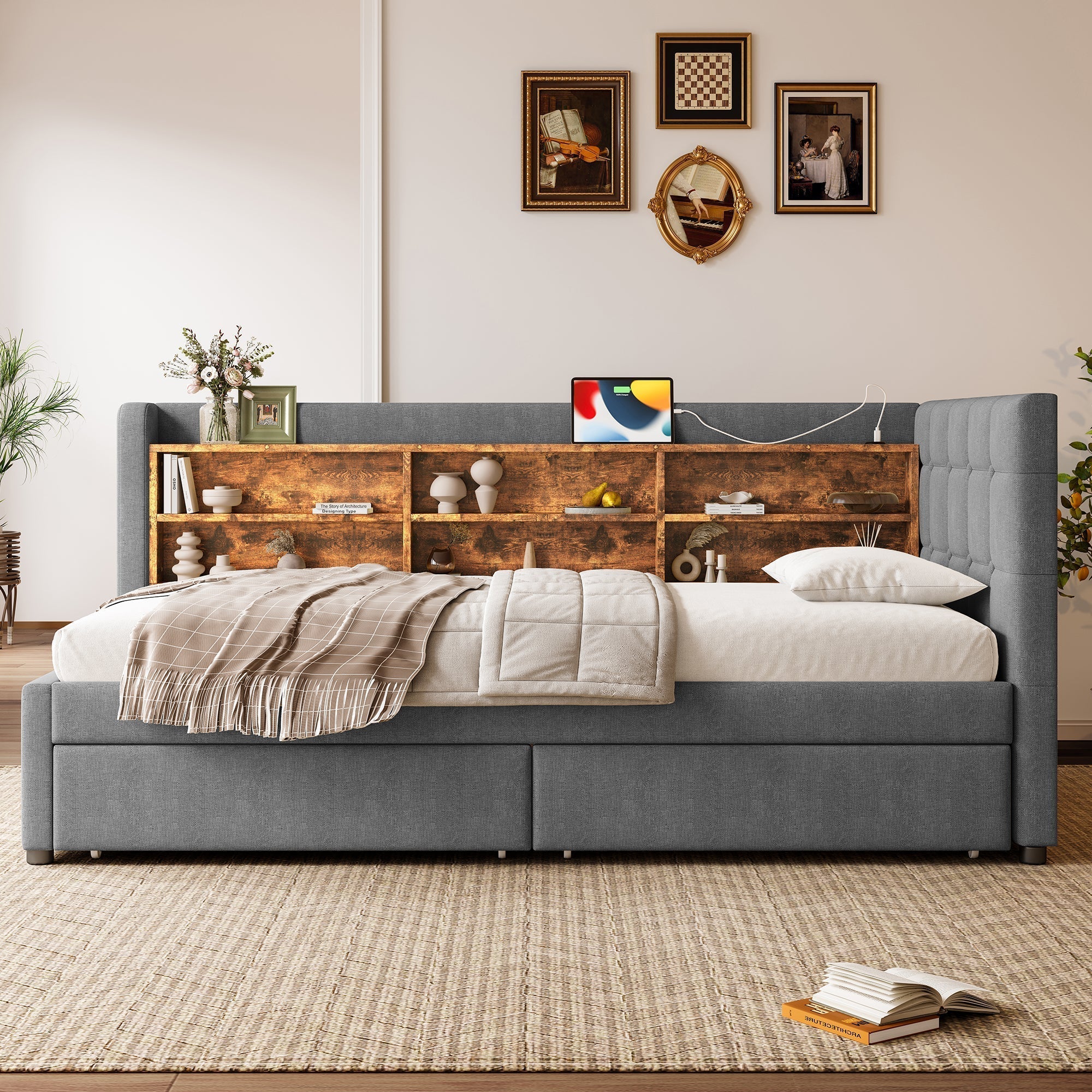 Daybed Sofa Bed 90x200cm 2 Drawers USB/Type C Storage - Linen Grey