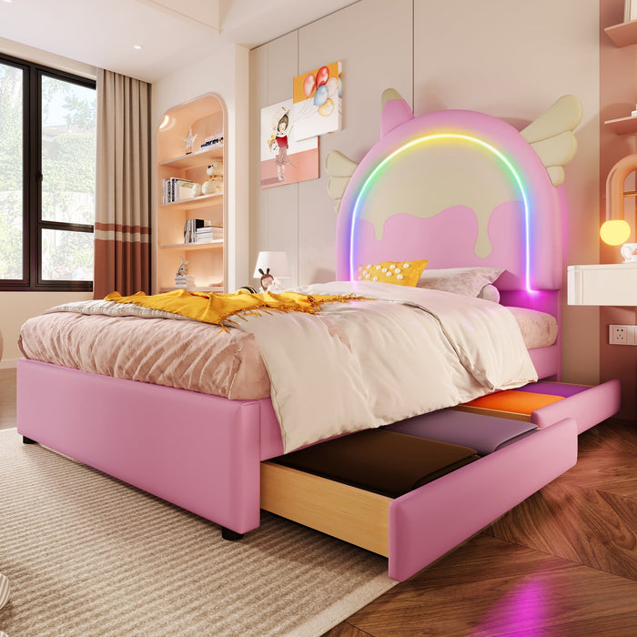 Upholstered Bed 90x200cm Unicorn Shape Light Strip 2 Drawers - PU Pink