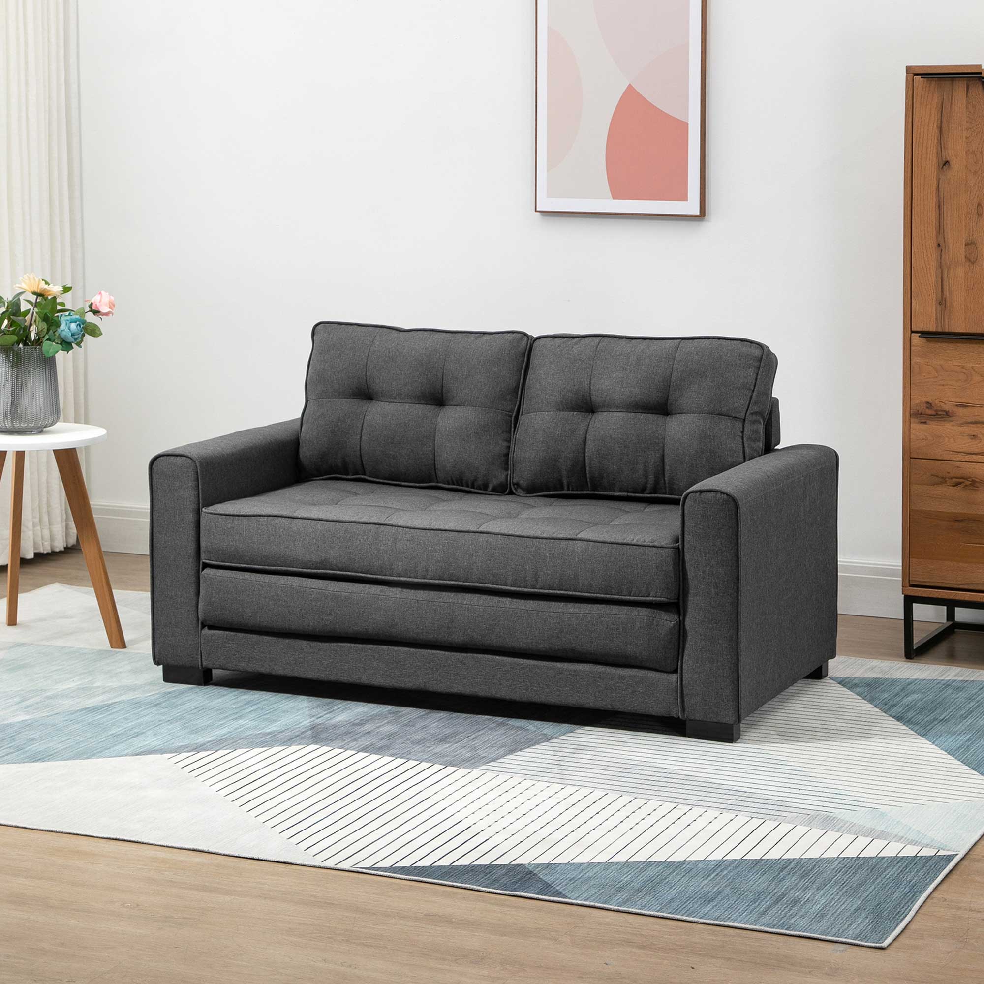 Sleeper Sofa Convertible 2-Seater with Sleeping Function, Linen Touch, Grey Rubberwood