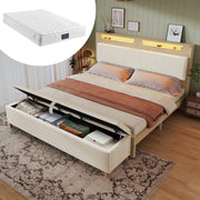Double Wooden Bed 140×200cm, Storage Headboard, LED, Bed Bench, Light Oak/Beige Corduroy