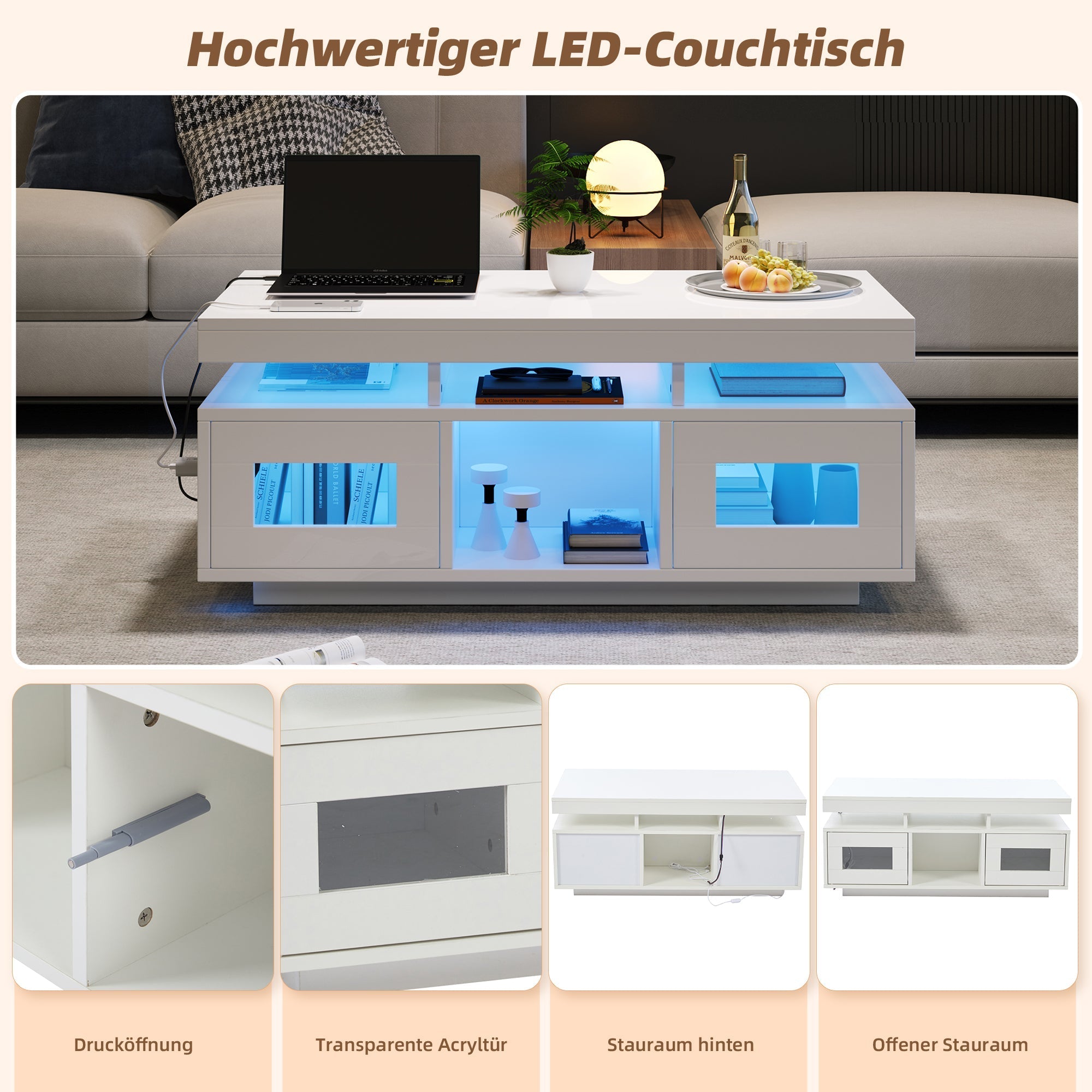 Coffee Table 100x50x43cm LED Lights Charging Port High-Gloss White
