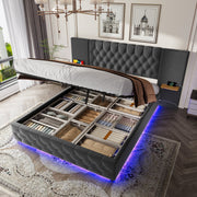 Modern Bed Frame 150x200cm, Wide Headboard, LED, USB-C Ports, Hydraulic Storage, Gray