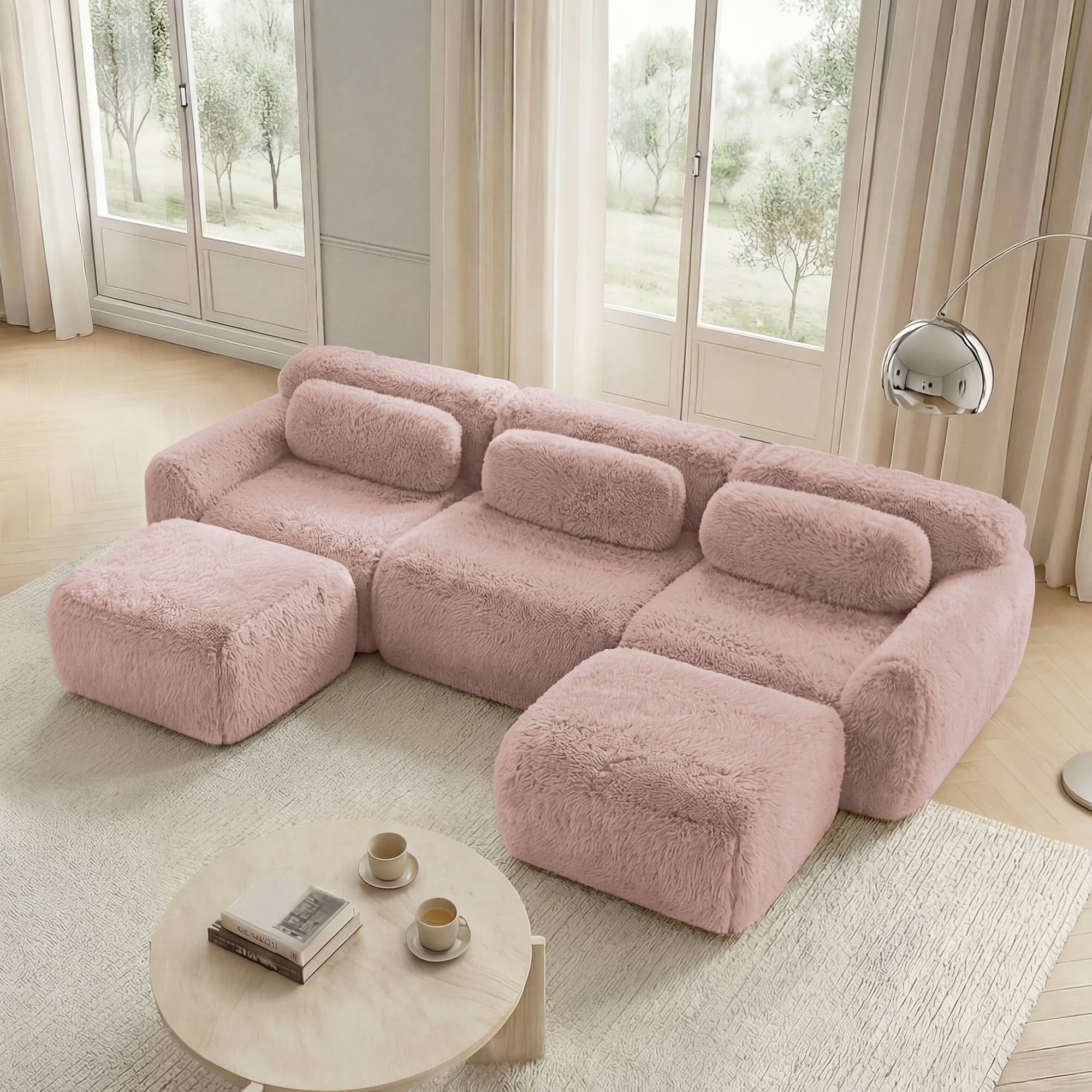 U-Shaped Modular Sofa Plush No Assembly High-Resilience Foam - Pink