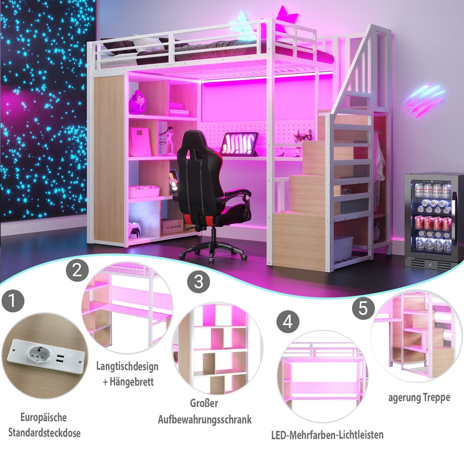Metal Loft Bed with Desk, Wardrobe and LED Lighting, 90 x 200 cm, White