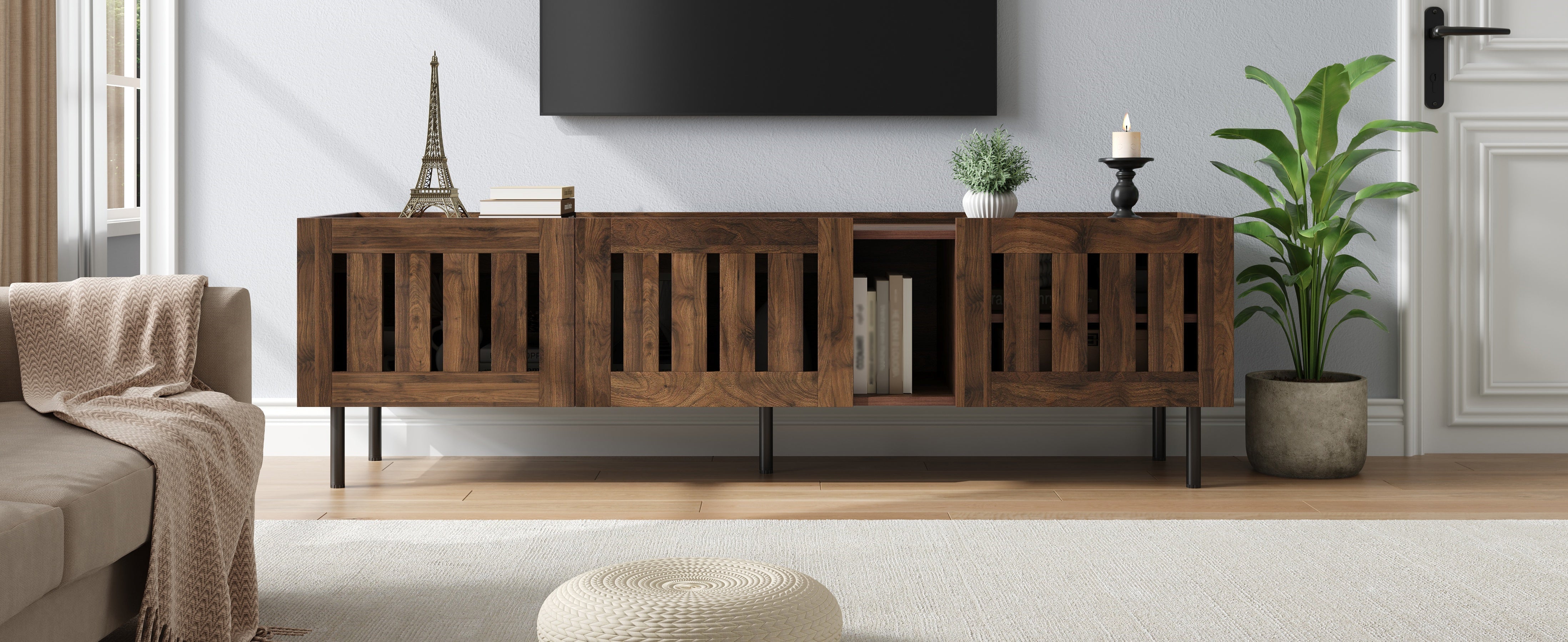 Lowboard Minimalist TV Stand 160cm for 65-inch TV Walnut Wood Finish