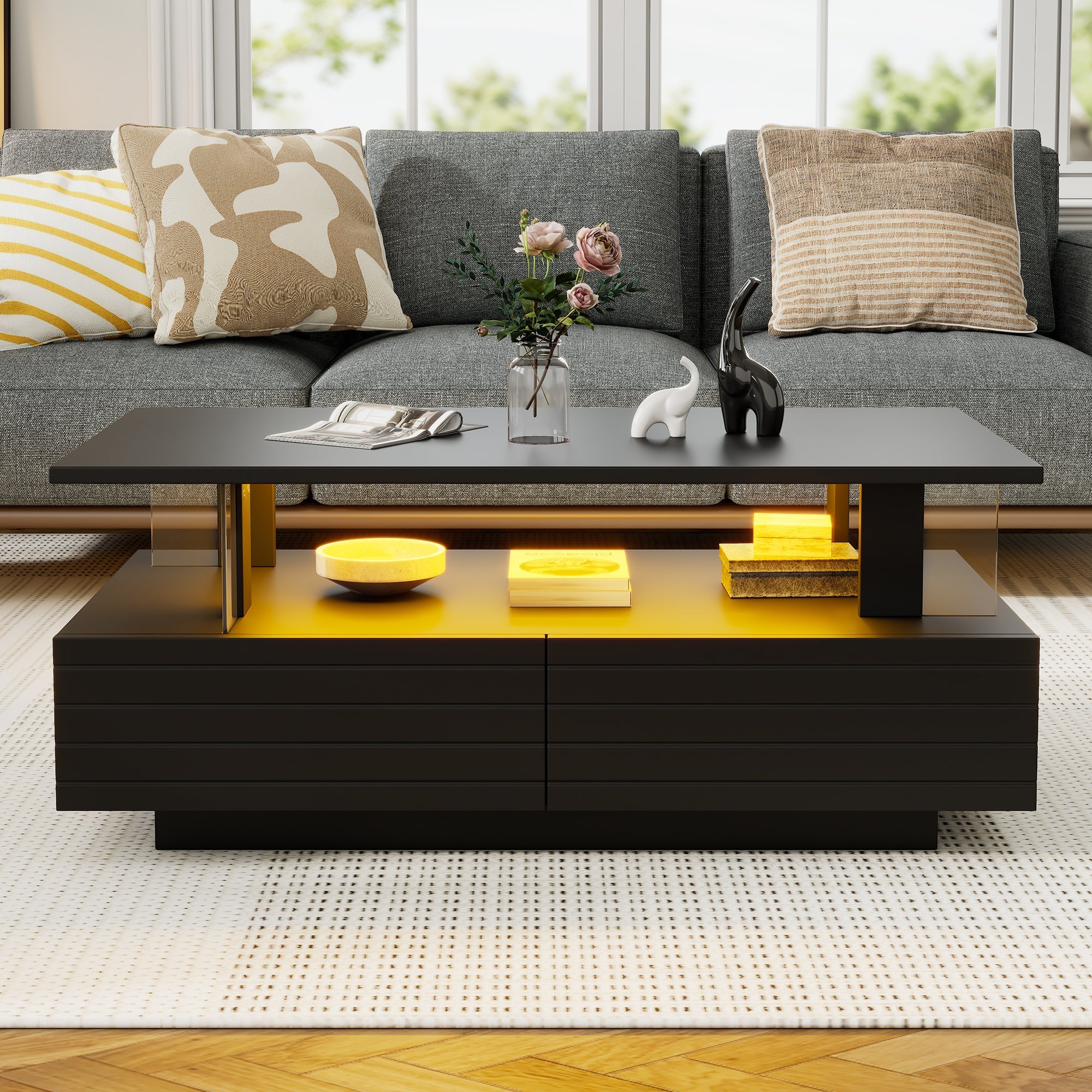 LED Coffee Table Double-Layer Rectangular Storage Bluetooth App Control, Black Acrylic
