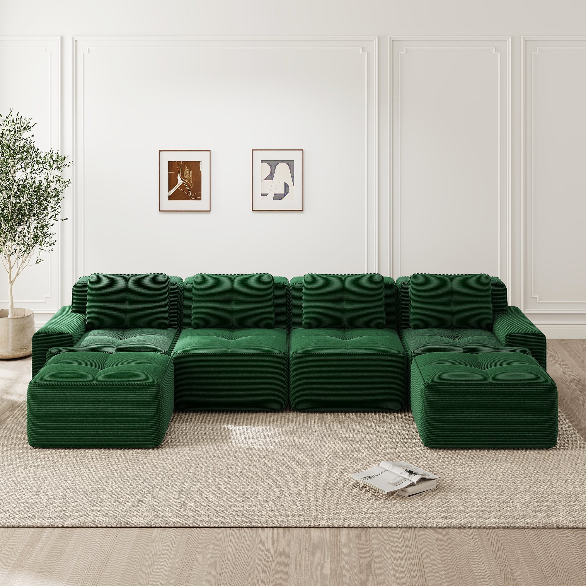 Modular Boneless Sofa U-Shaped Chaise 4-Seater - Corduroy Green