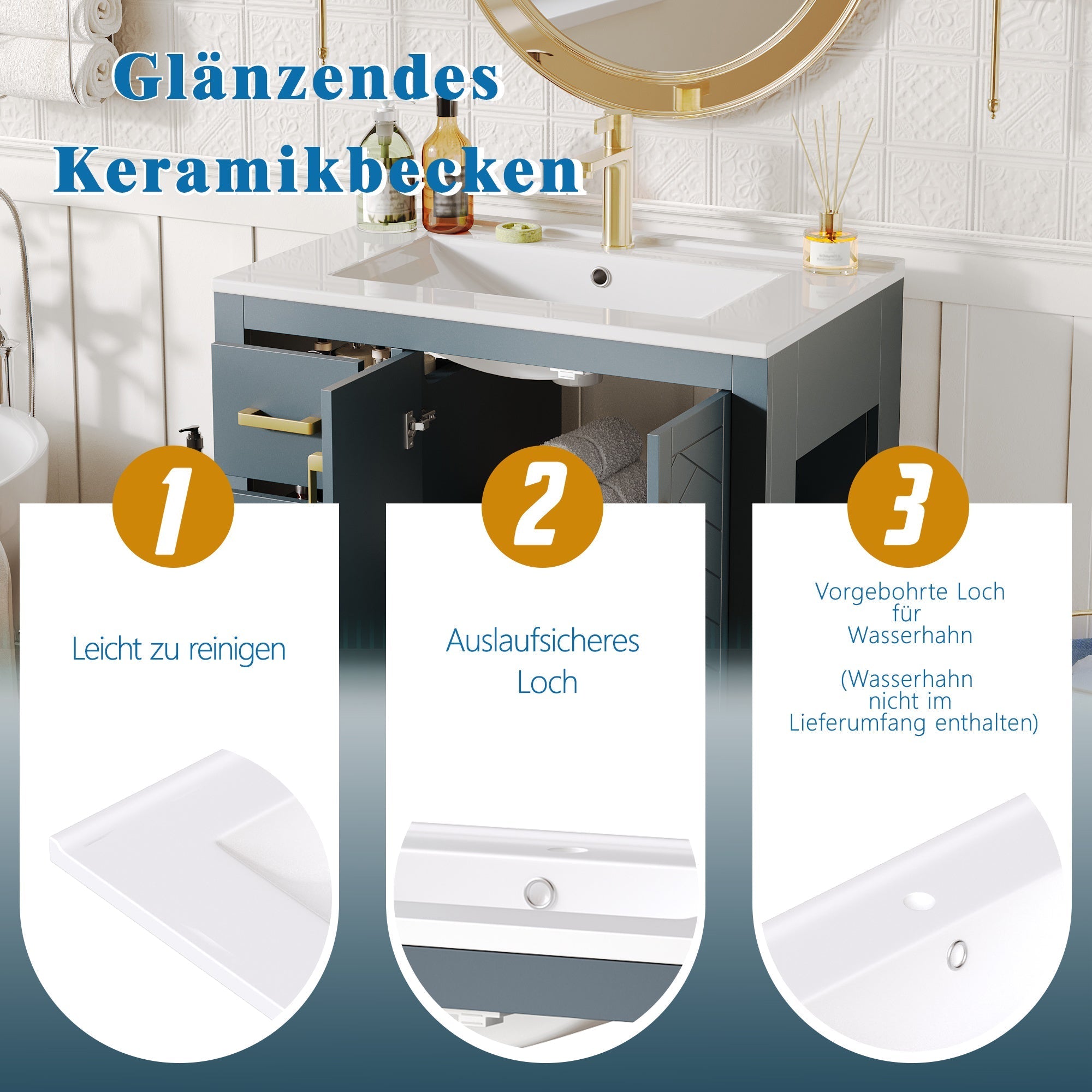 Bathroom Vanity Unit with Ceramic Sink and Storage Drawers, Blue