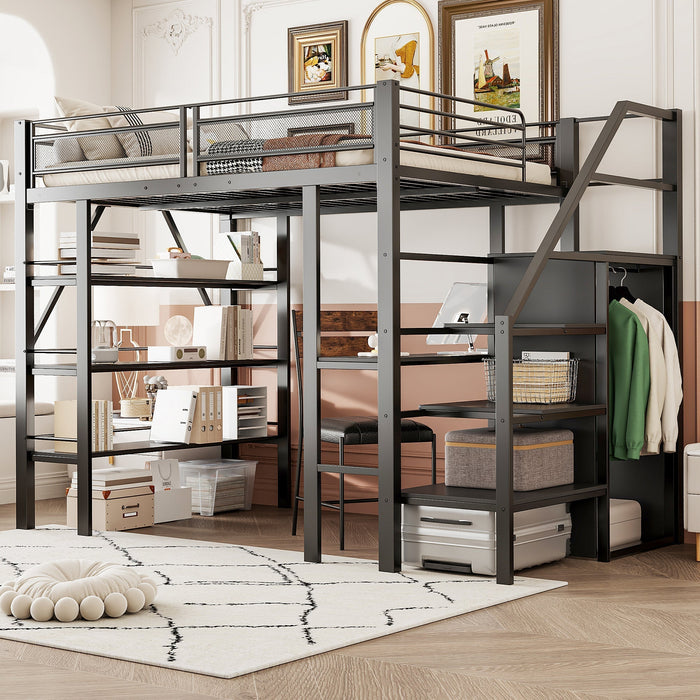Loft Bed 140x200cm Storage Shelf Desk Wardrobe Iron, Black