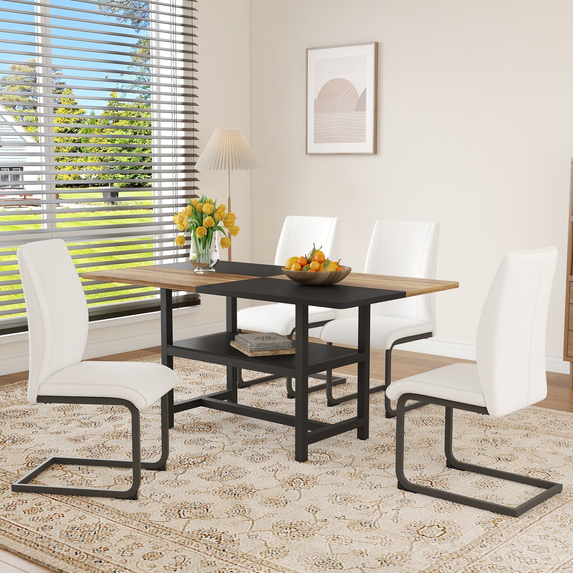 Table Set Rectangular Dining Table Storage Shelf 4 Armchairs Faux Leather White
