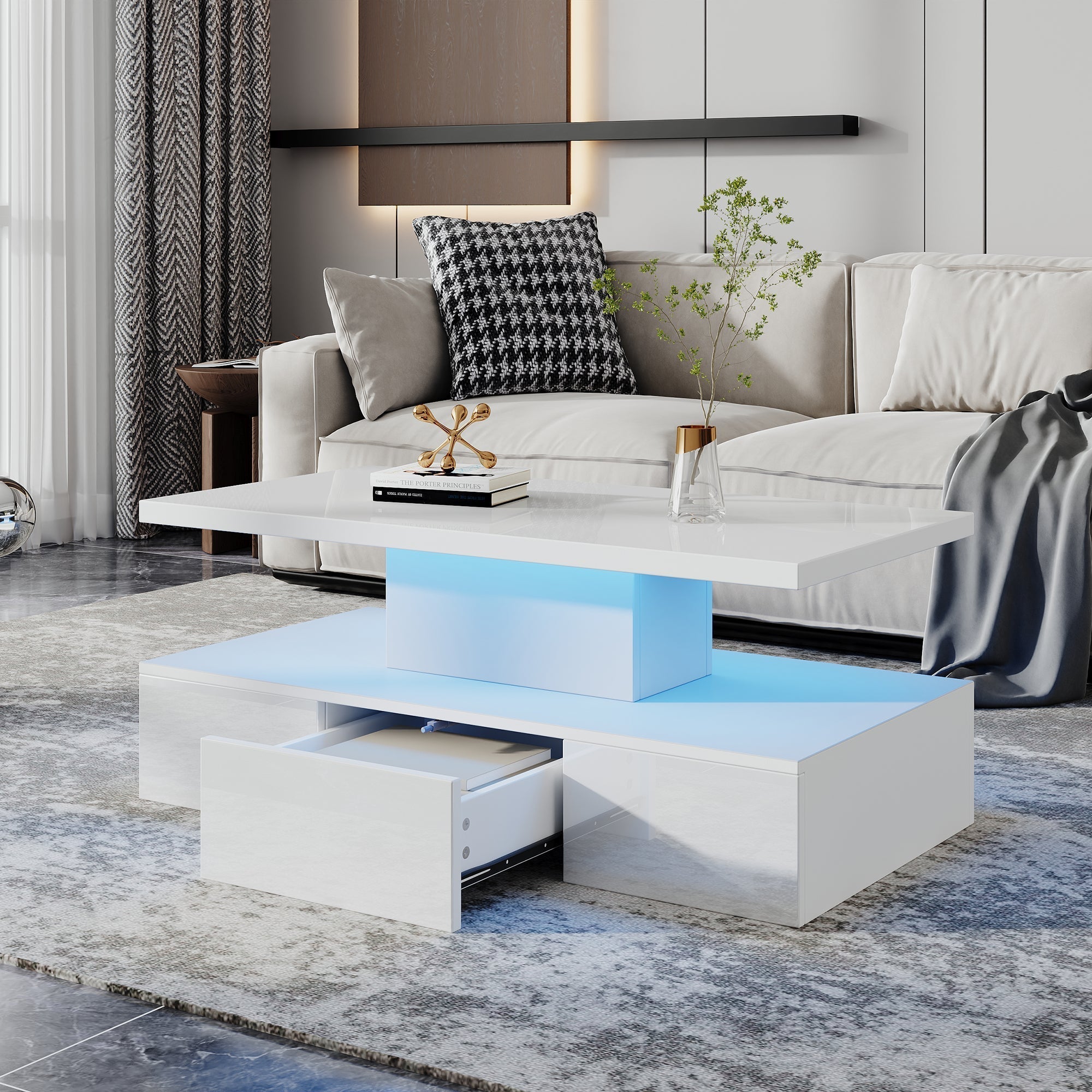Coffee Table Two-Tier LED Light Storage Drawer High-Gloss White