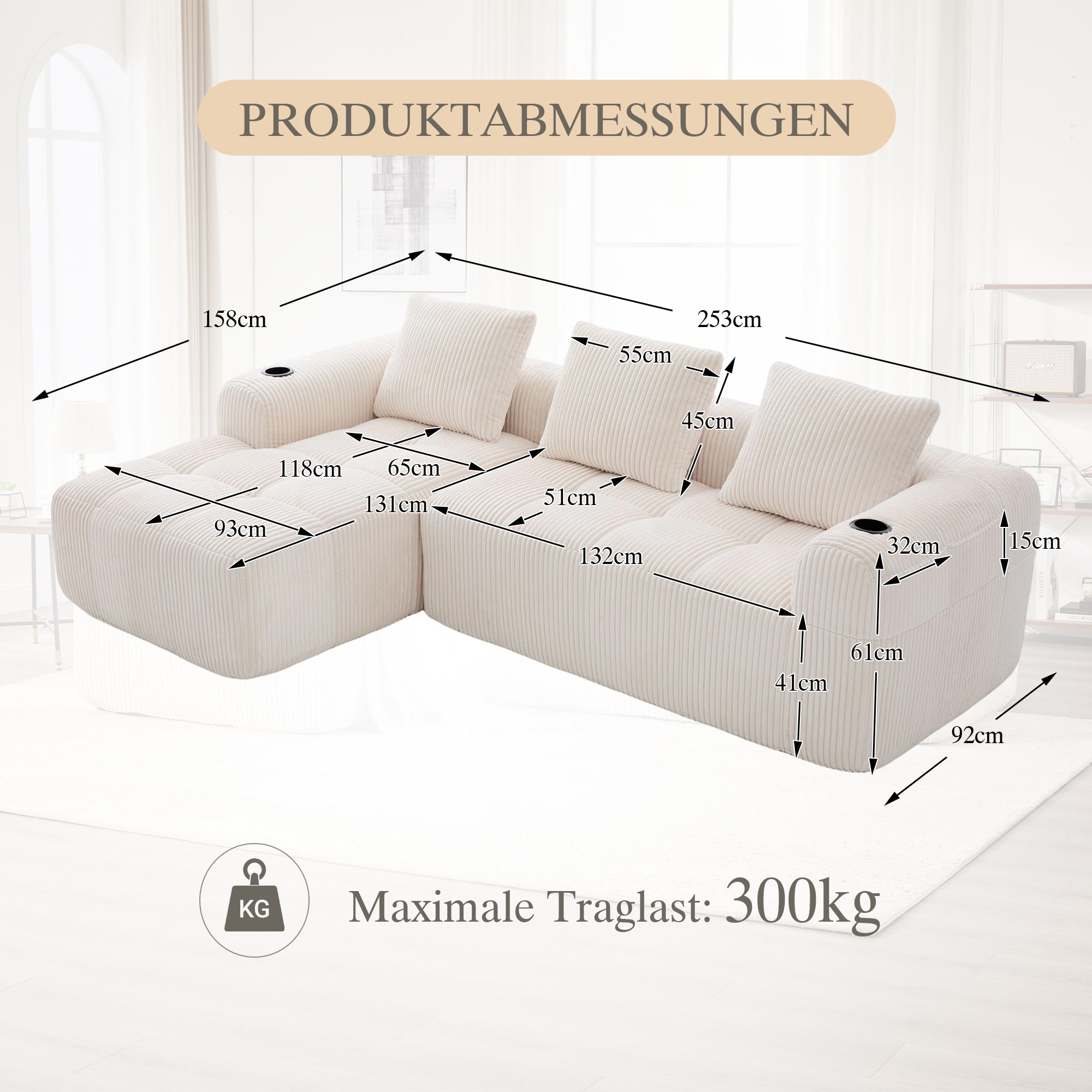 Compact Modular Sofa with Side Pocket, Cup Holder & 3 Cushions - Corduroy Beige