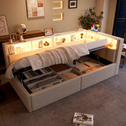 Daybed with USB Ports, Hydraulic Storage and LED, 90x200cm, Beige Linen