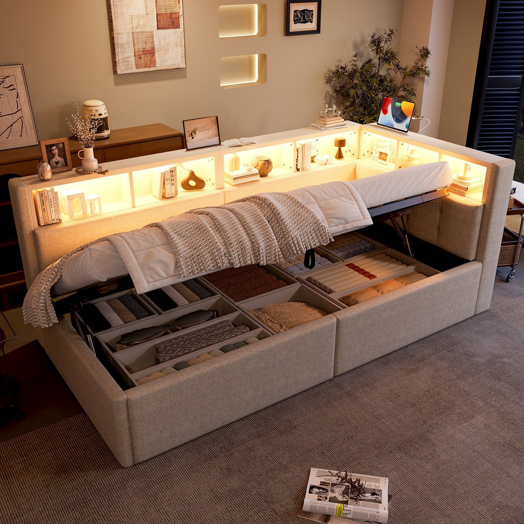 Daybed with USB Ports, Hydraulic Storage and LED, 90x200cm, Beige Linen