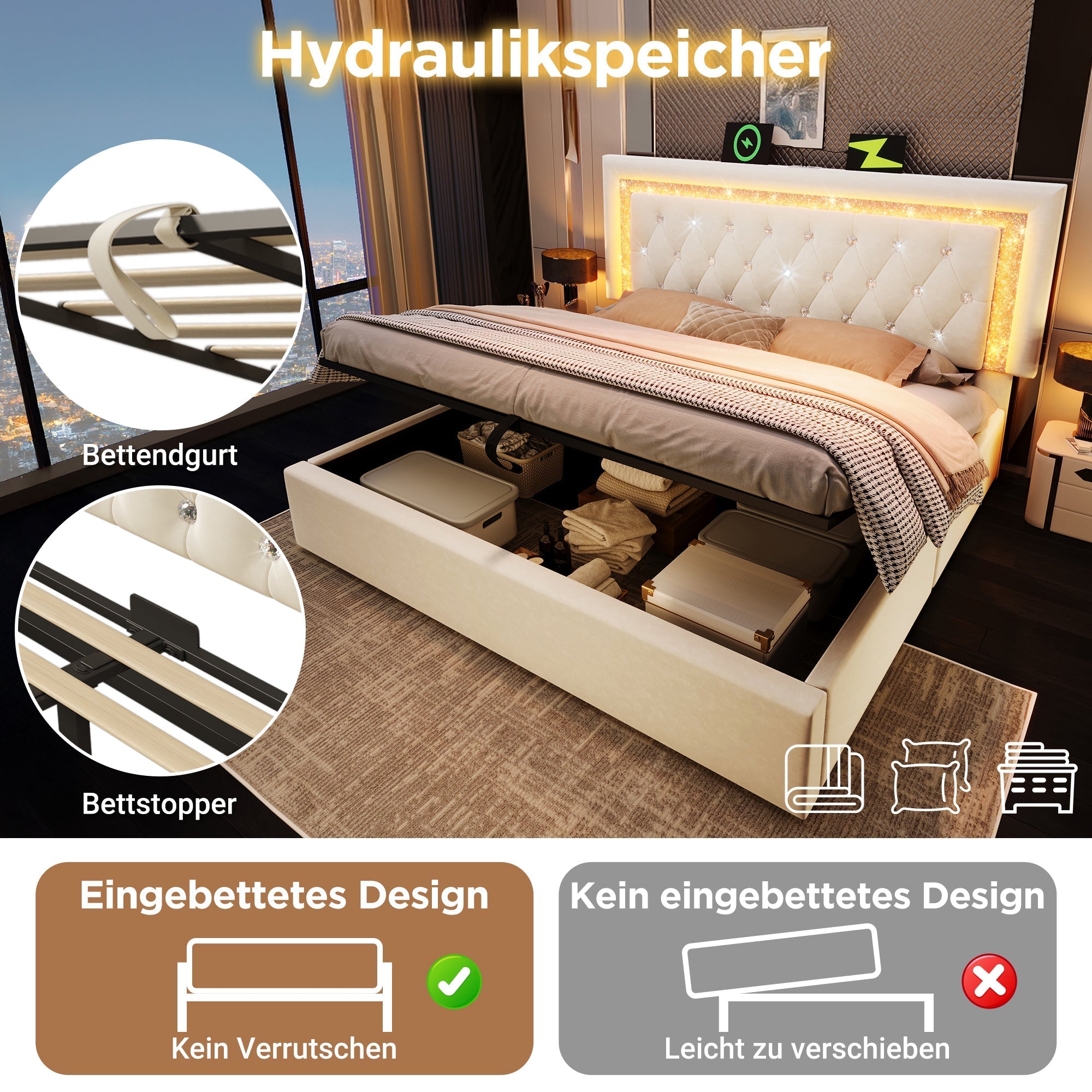 Upholstered Double Bed 160x200cm LED USB/Type-C Hydraulic Storage - Beige Velvet