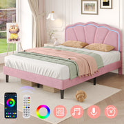 4ft6 Double Upholstered Bed with LED Adjustable Shell Headboard, Soft Velvet, Pink