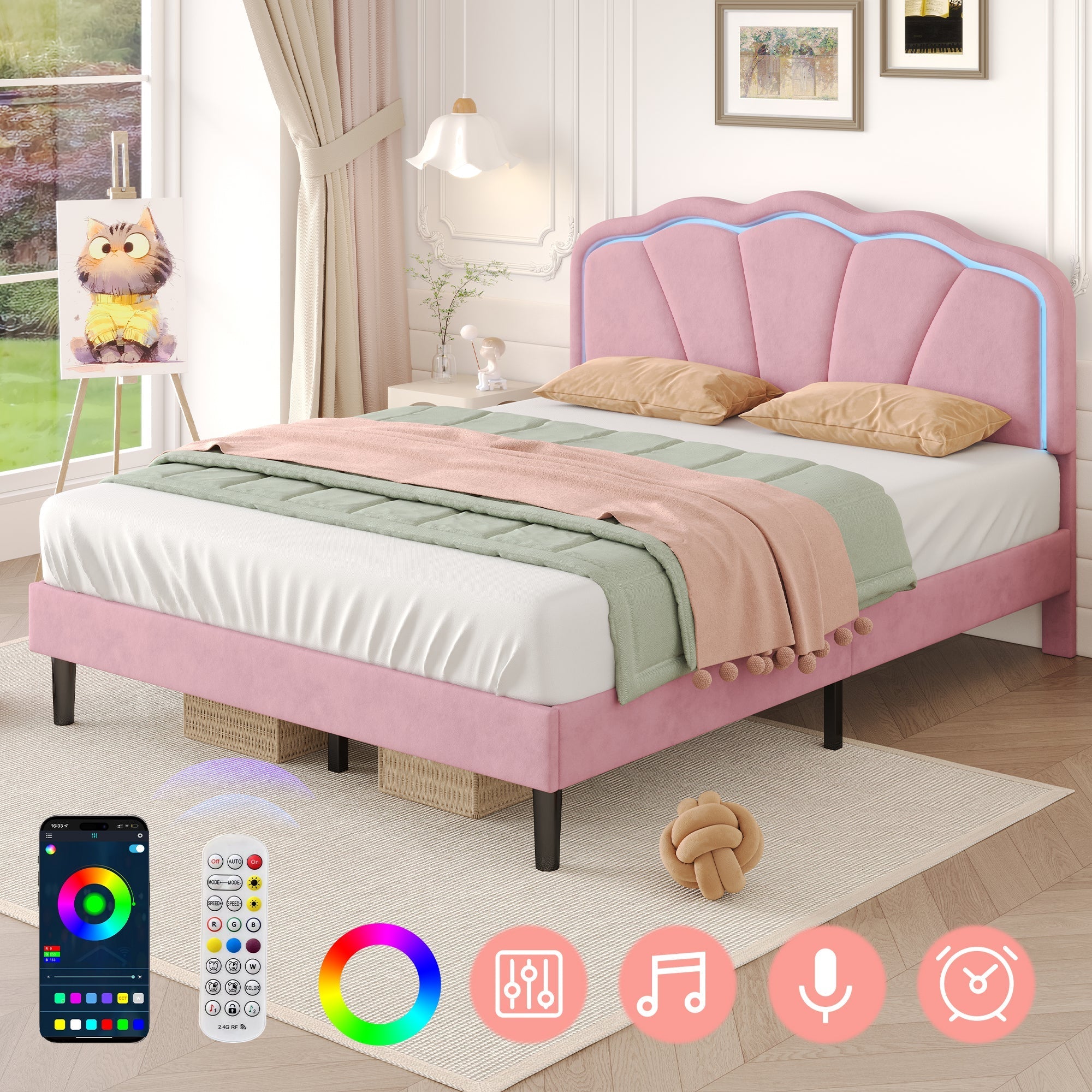 4ft6 Double Upholstered Bed with LED Adjustable Shell Headboard, Soft Velvet, Pink