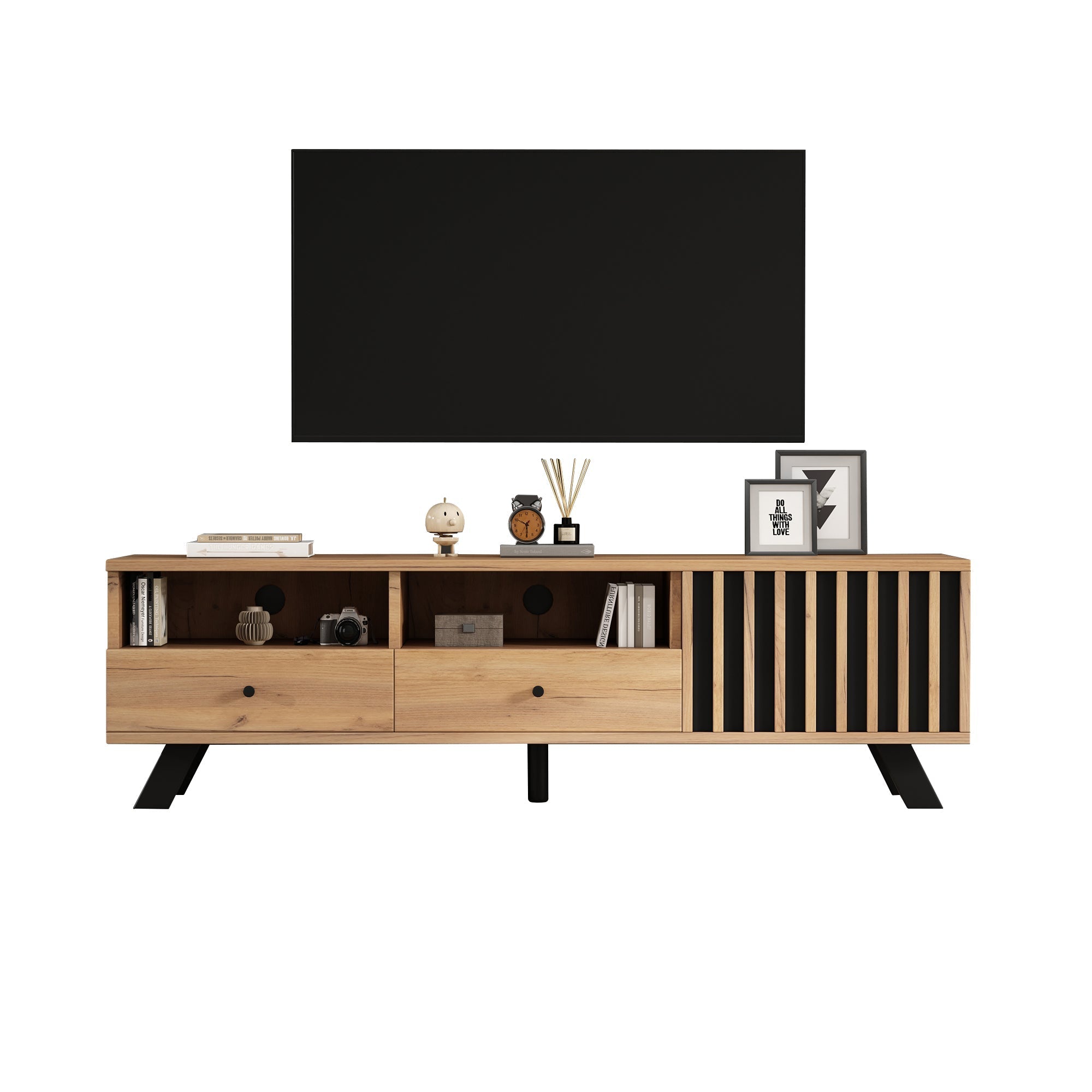 Living Room Combination, 120cm Sideboard + 150cm TV Cabinet, 5-Tier Storage, Solid Black Wood