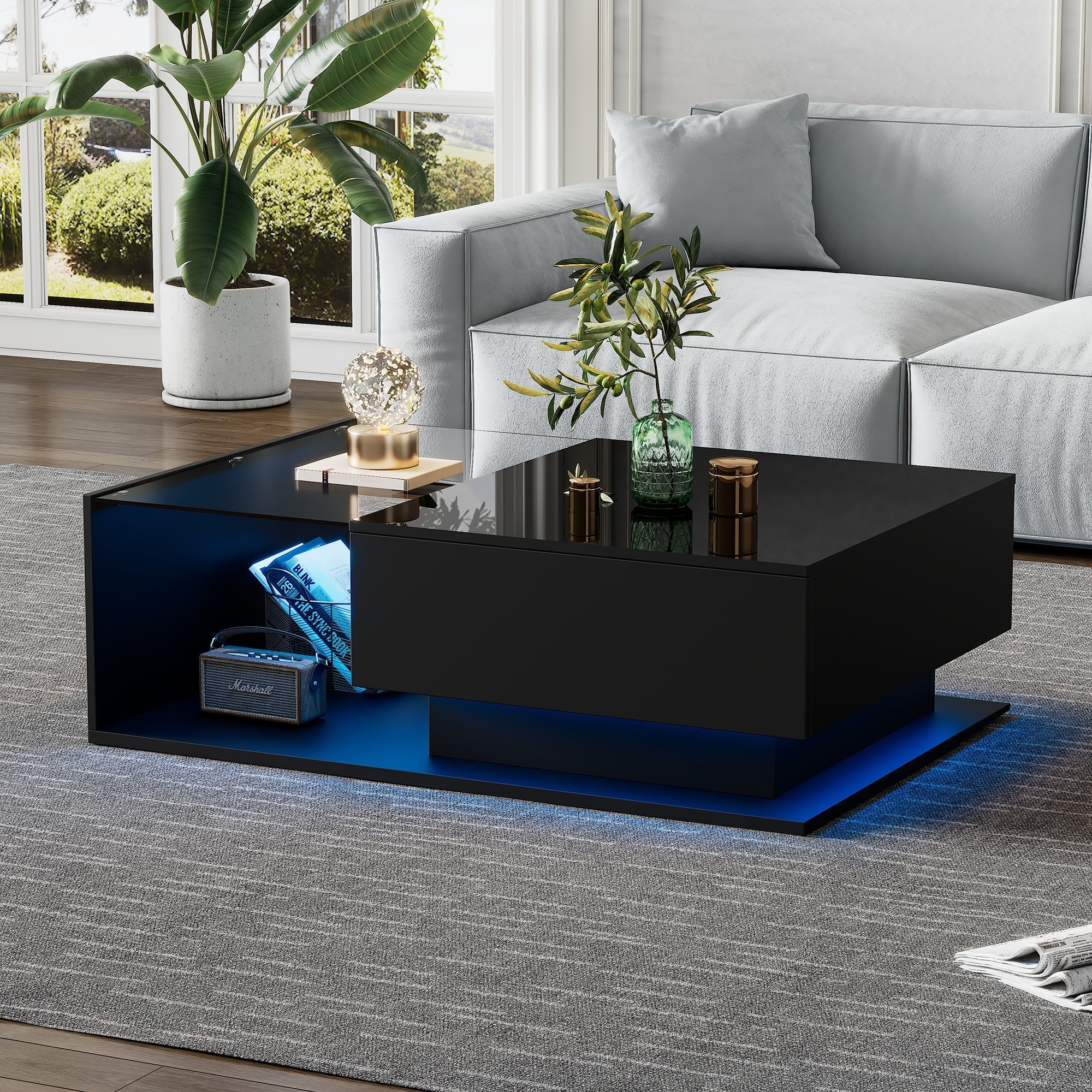 LED Coffee Table, Modern High Gloss Coffee Table, Center Table with Glass, Modern Coffee Table for Living Room with Drawer (Black)
