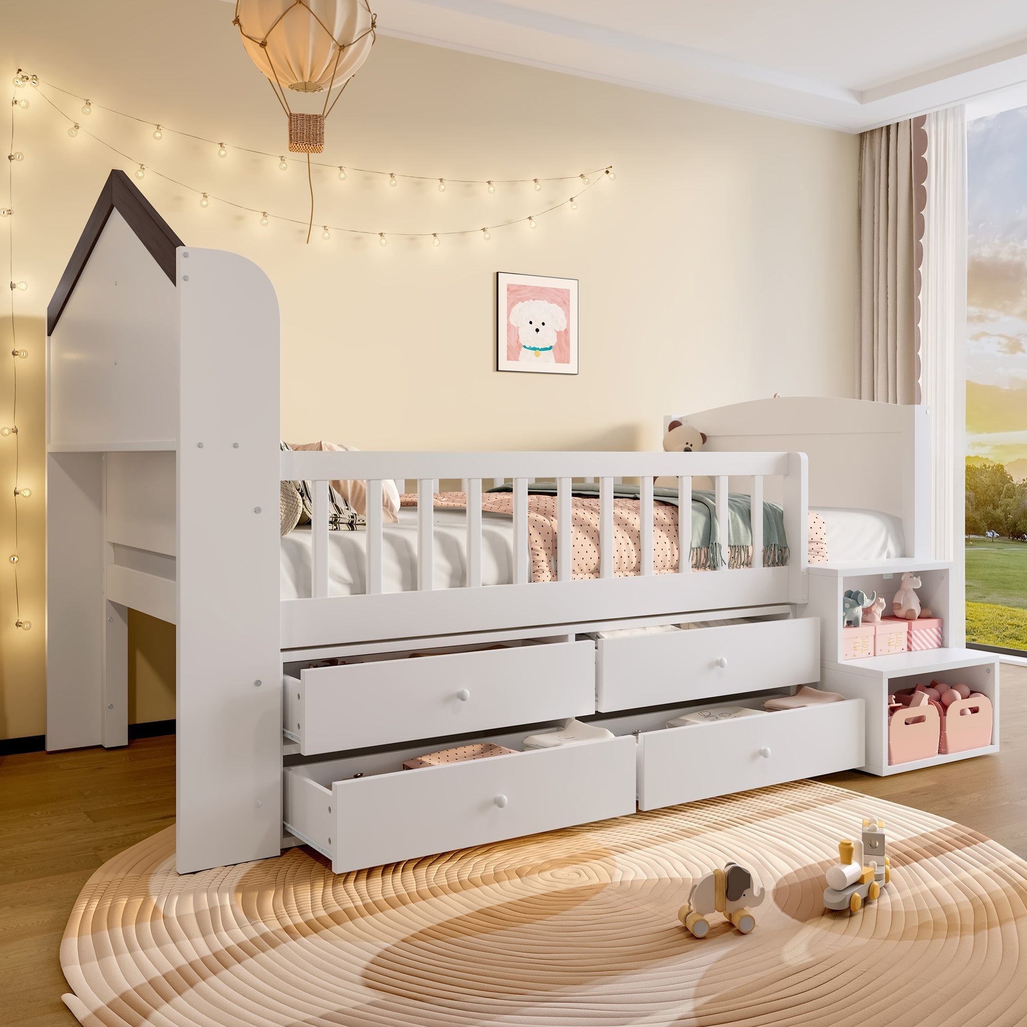 Mid-Height House Bed with Window, 4 Drawers and LED Light Strip, White