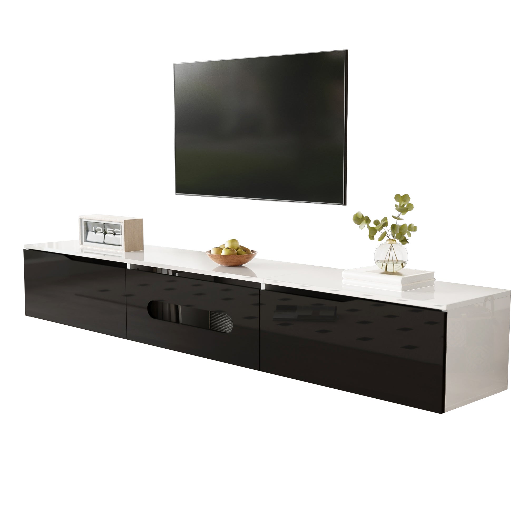 Black and White TV Cabinet, 180cm Long LED High-Gloss, Wall-Mountable